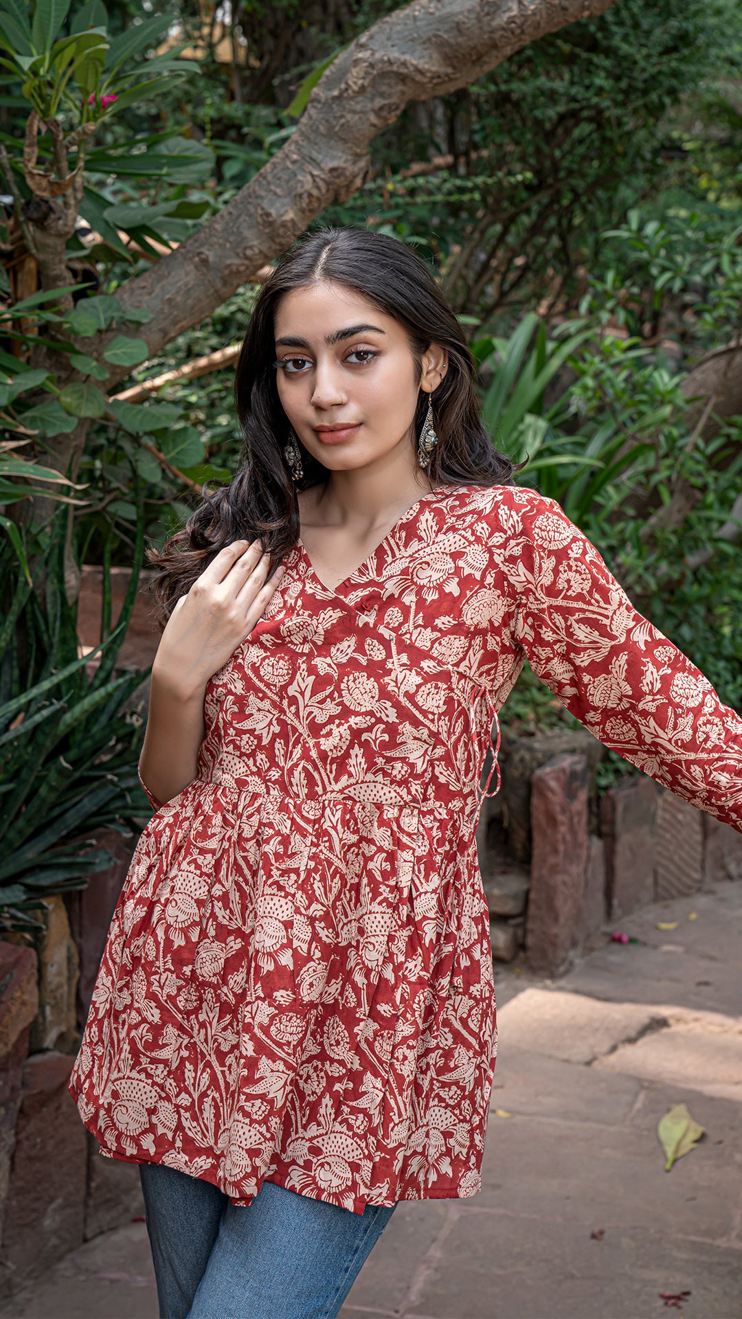 Khyati Kalamkari Hand Block Cotton Wrap Short Top - Red