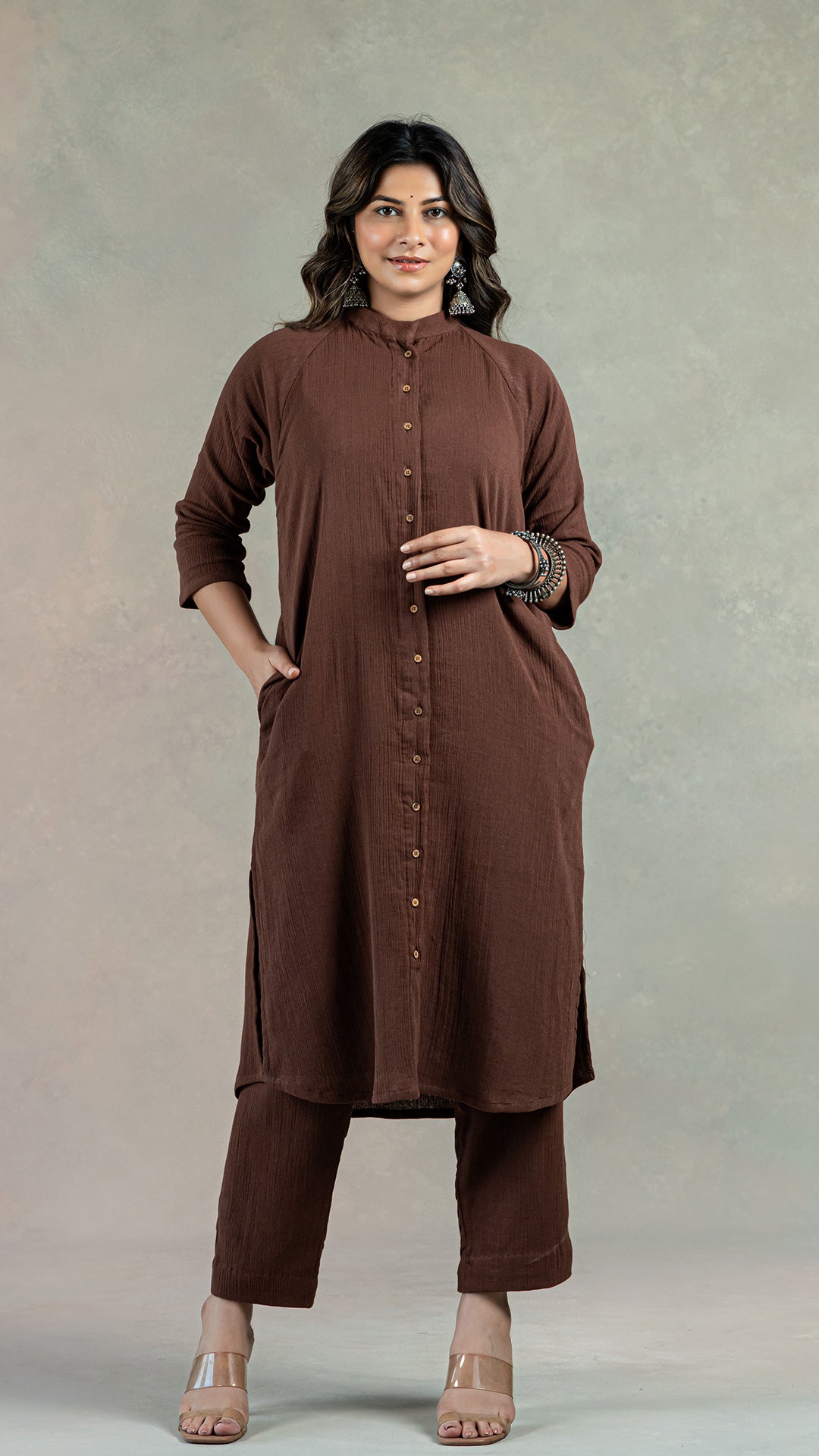 Everyday Organic Crinkled Cotton Kurta- Brown