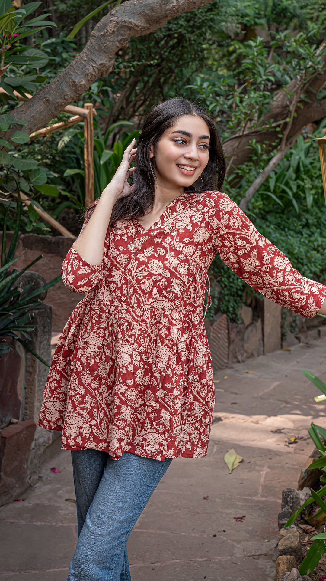 Khyati Kalamkari Hand Block Cotton Wrap Short Top - Red