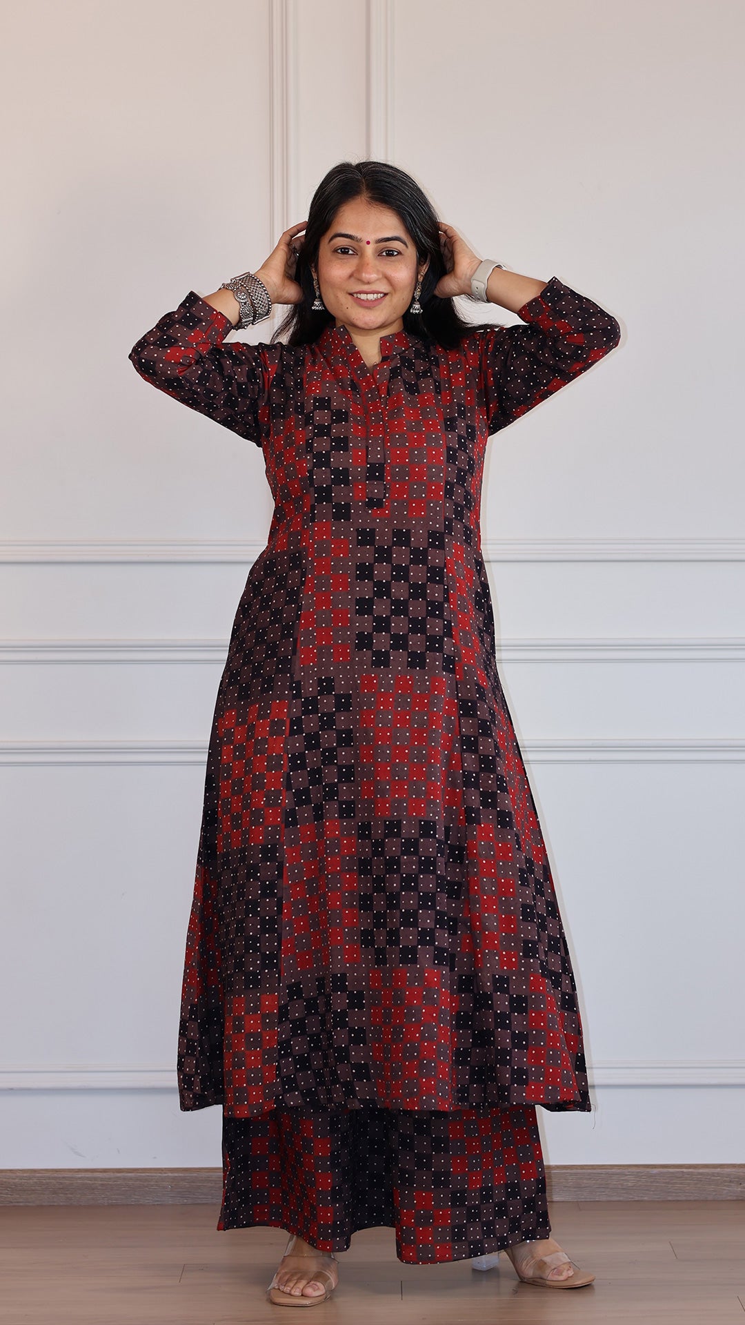 Zeesha Ajrakh Geometric Print Cotton Hand Block Kurta Set- Brown