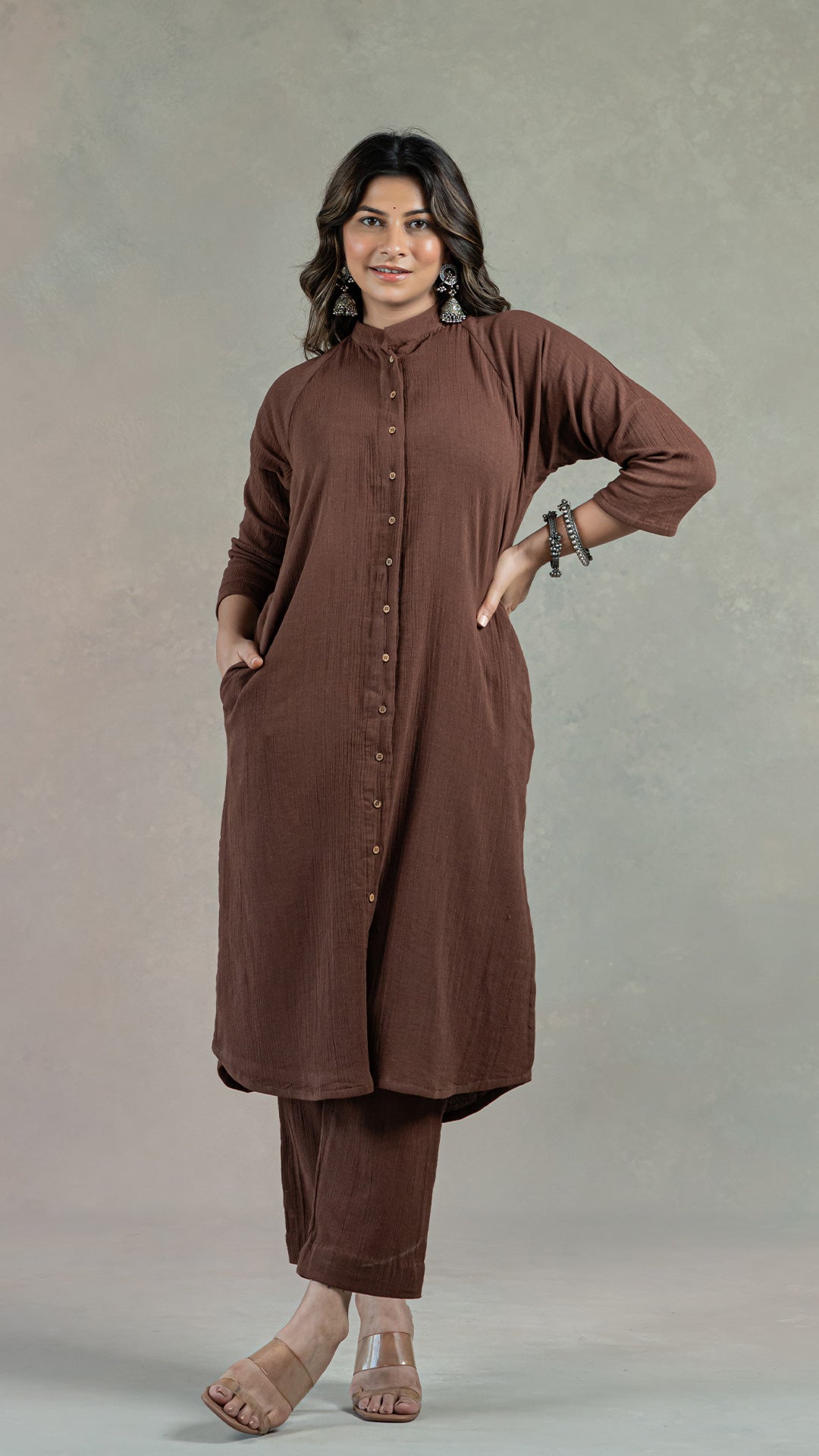 Everyday Organic Crinkled Cotton Kurta- Brown