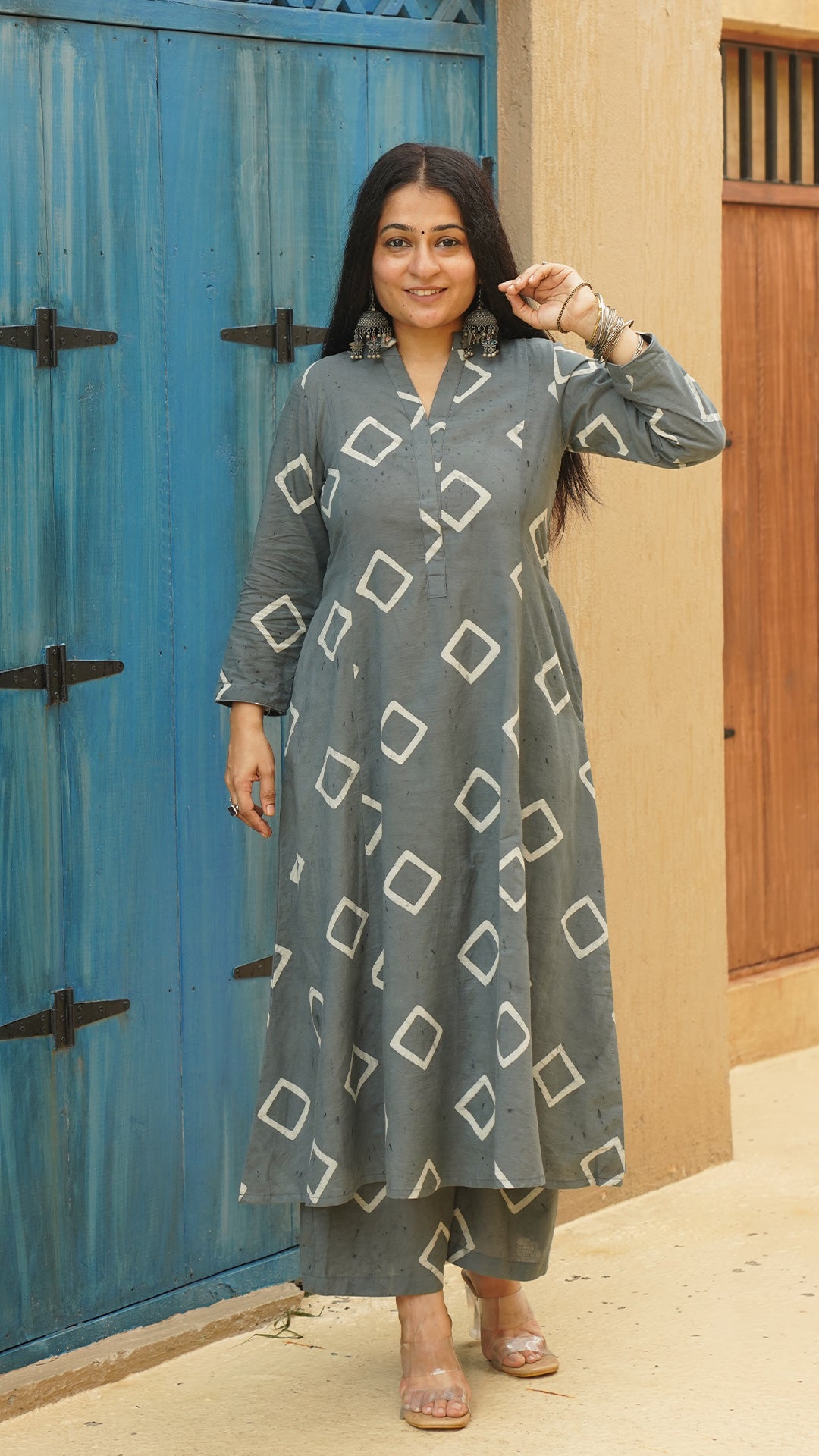 Roshi Square Block Print Cotton Kurta - Grey