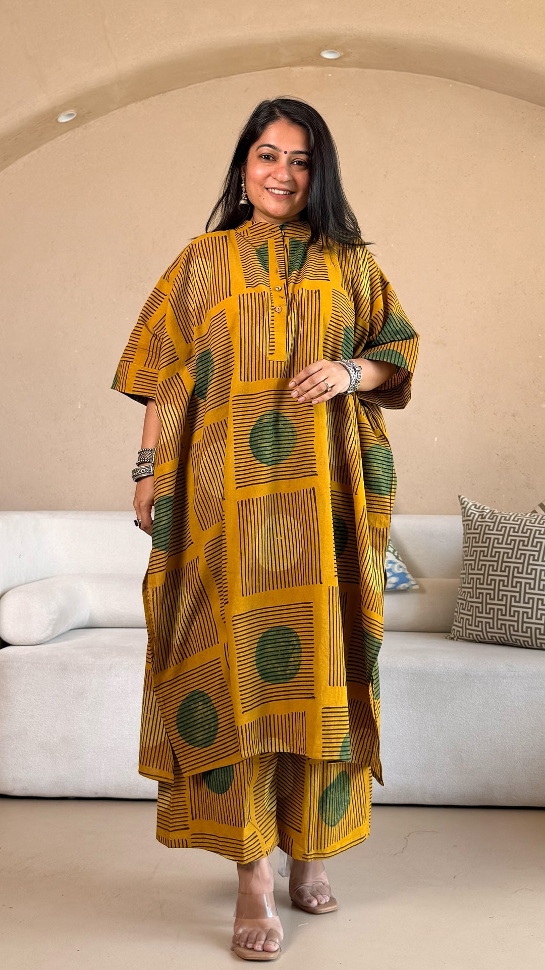 Yellow/Green Polka Dots Ajrakh Cotton Kaftan Co-ord
