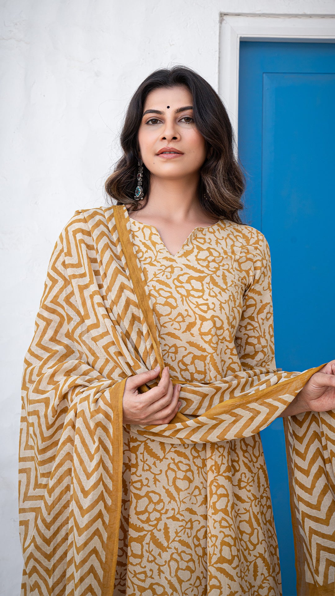 Ayra Floral Jaal Hand Block Kali Cotton Kurta - Mustard