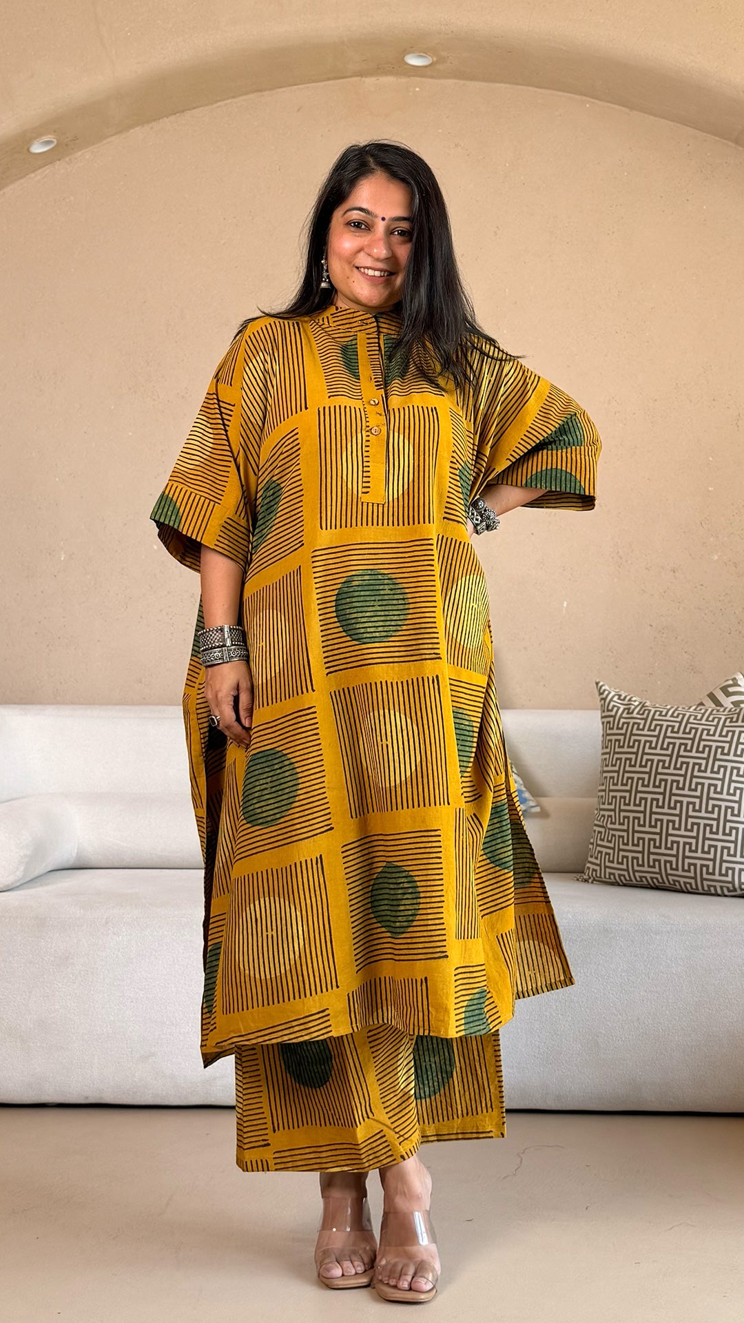 Yellow/Green Polka Dots Ajrakh Cotton Kaftan Co-ord