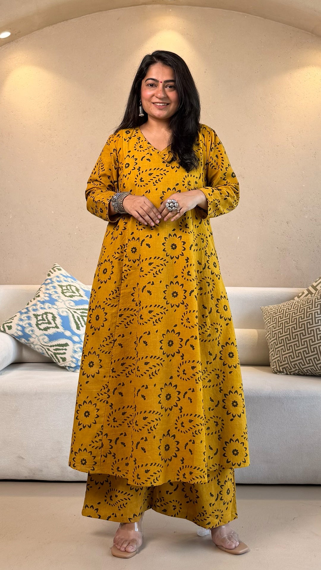 Navya Ajrakh Cotton Hand Block Kurta Set- Yellow/Black