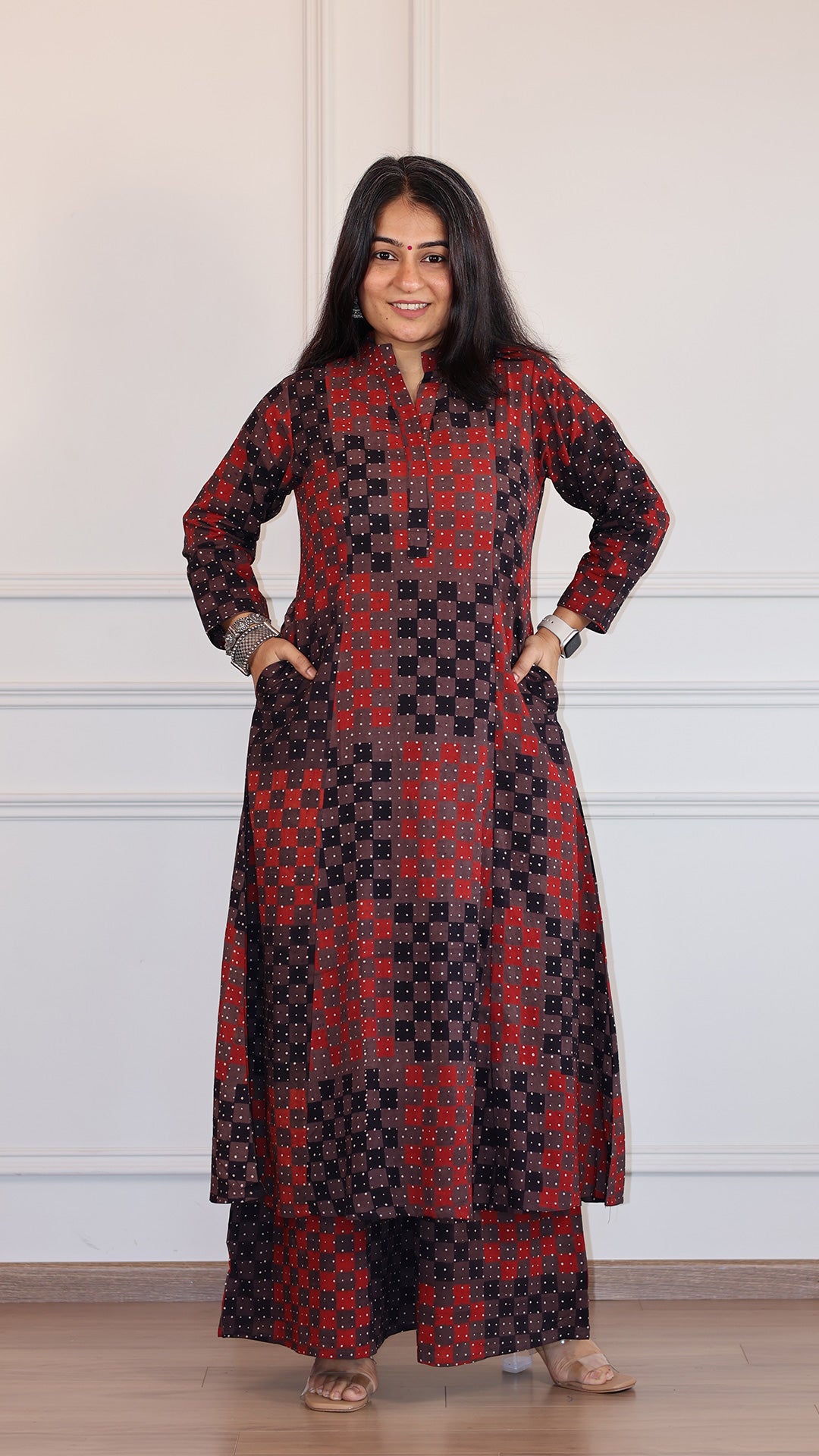 Zeesha Ajrakh Geometric Print Cotton Hand Block Kurta Set- Brown