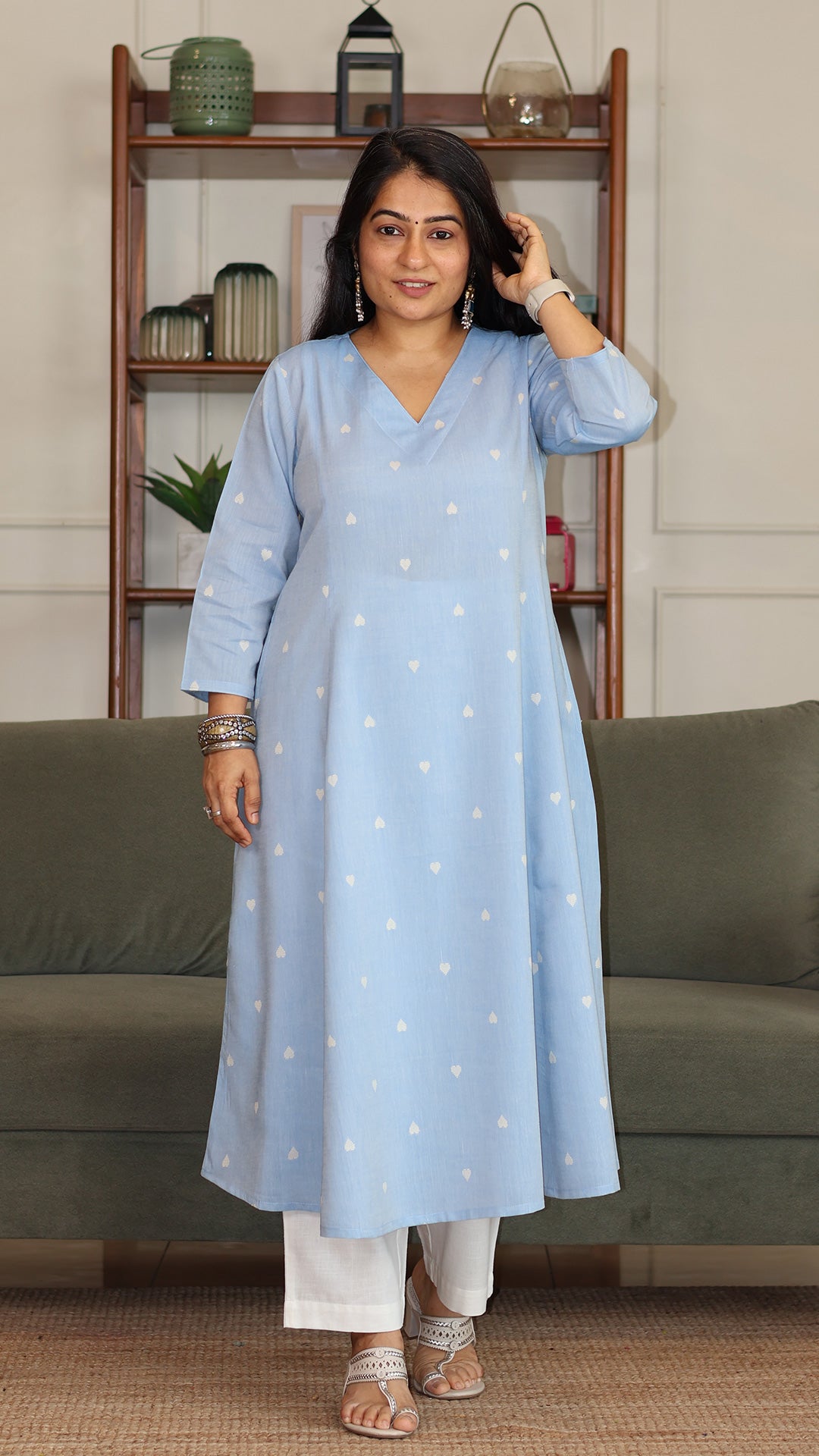 Hearts Motif Handwoven Cotton Kurta - Powder Blue