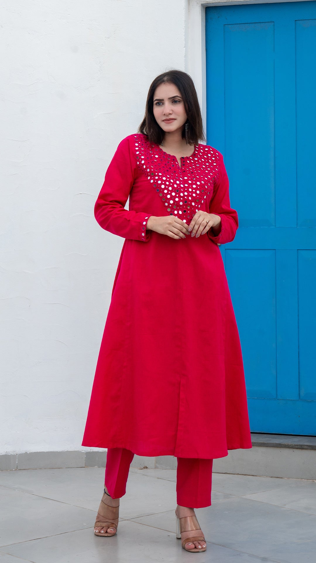 Rani Pink Mirror Embroidered Kurta In Cotton