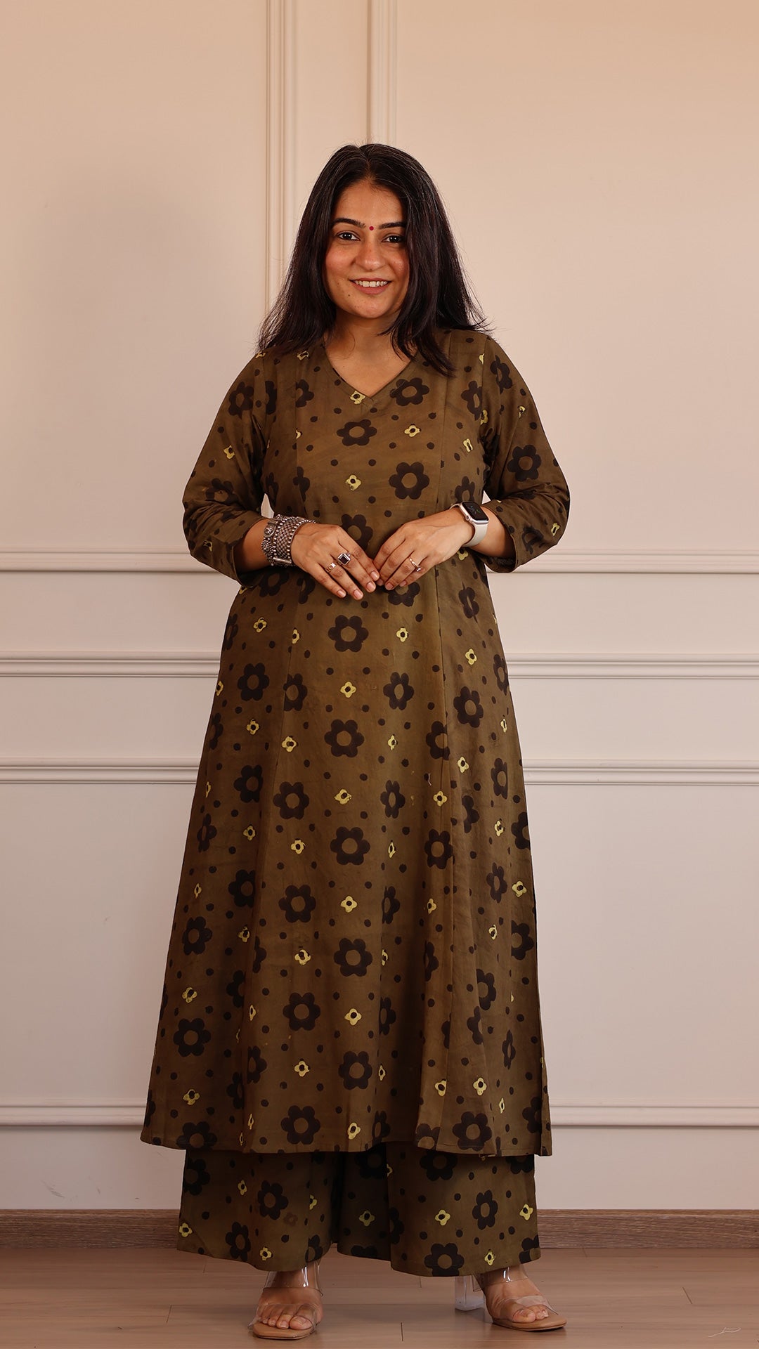Vedashree Ajrakh Cotton Hand Block Kurta Set- Brown Floral