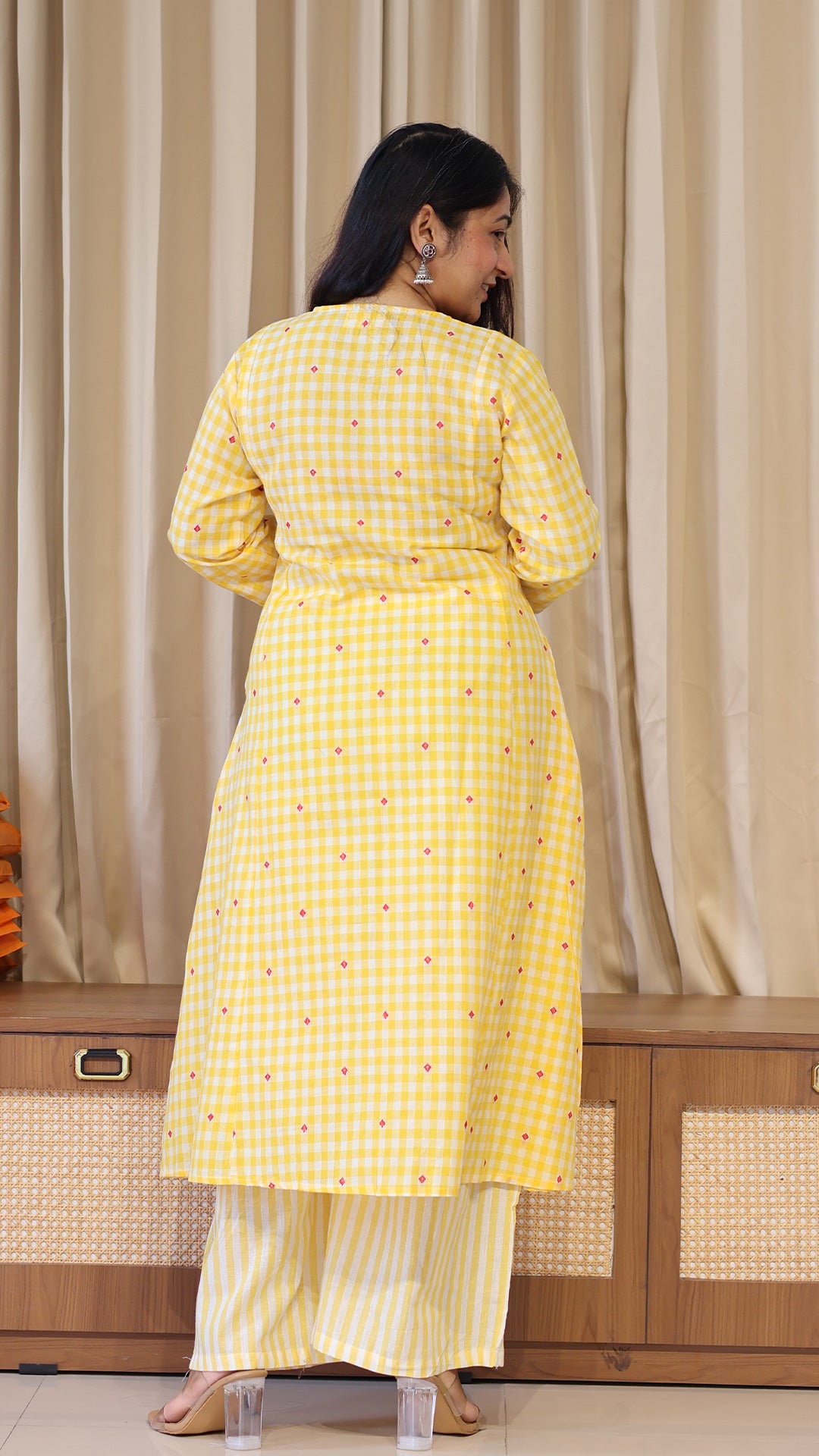 Checks and Stripes Handwoven Cotton Kurta - Yellow