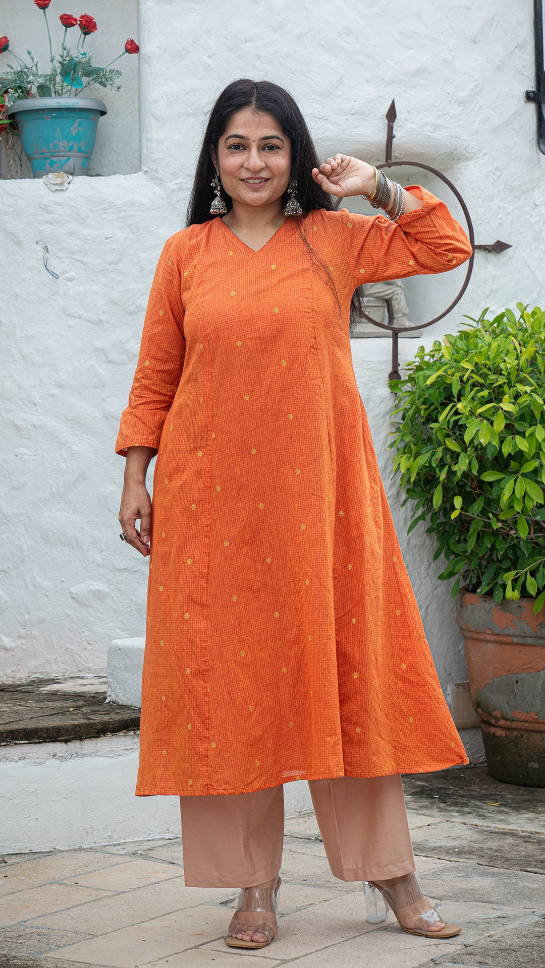 Urja Hand Woven Golden Zari Motif Kali Cotton Kurta - Orange