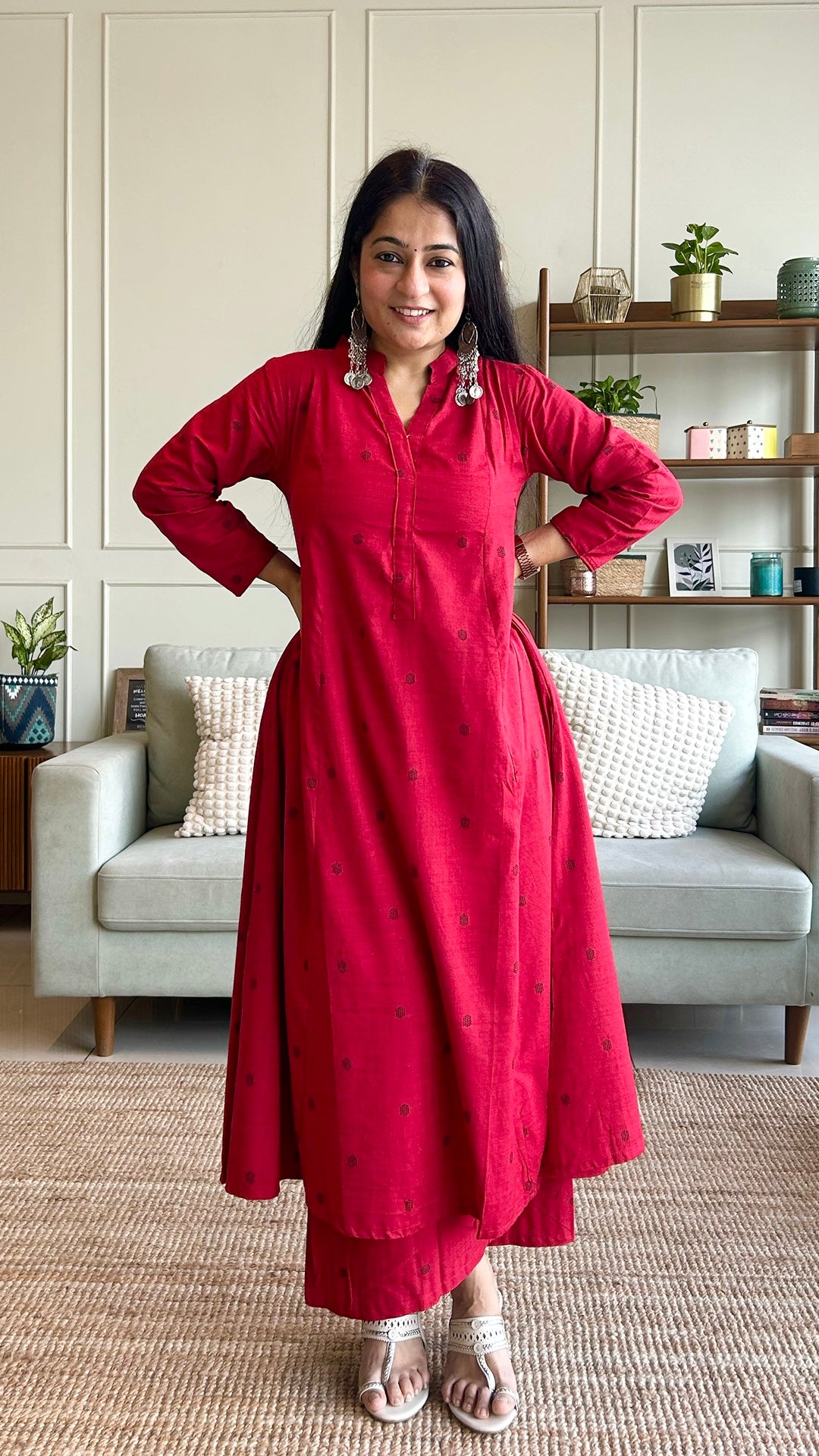 Simran Red Hand Woven Kali Cotton Kurta