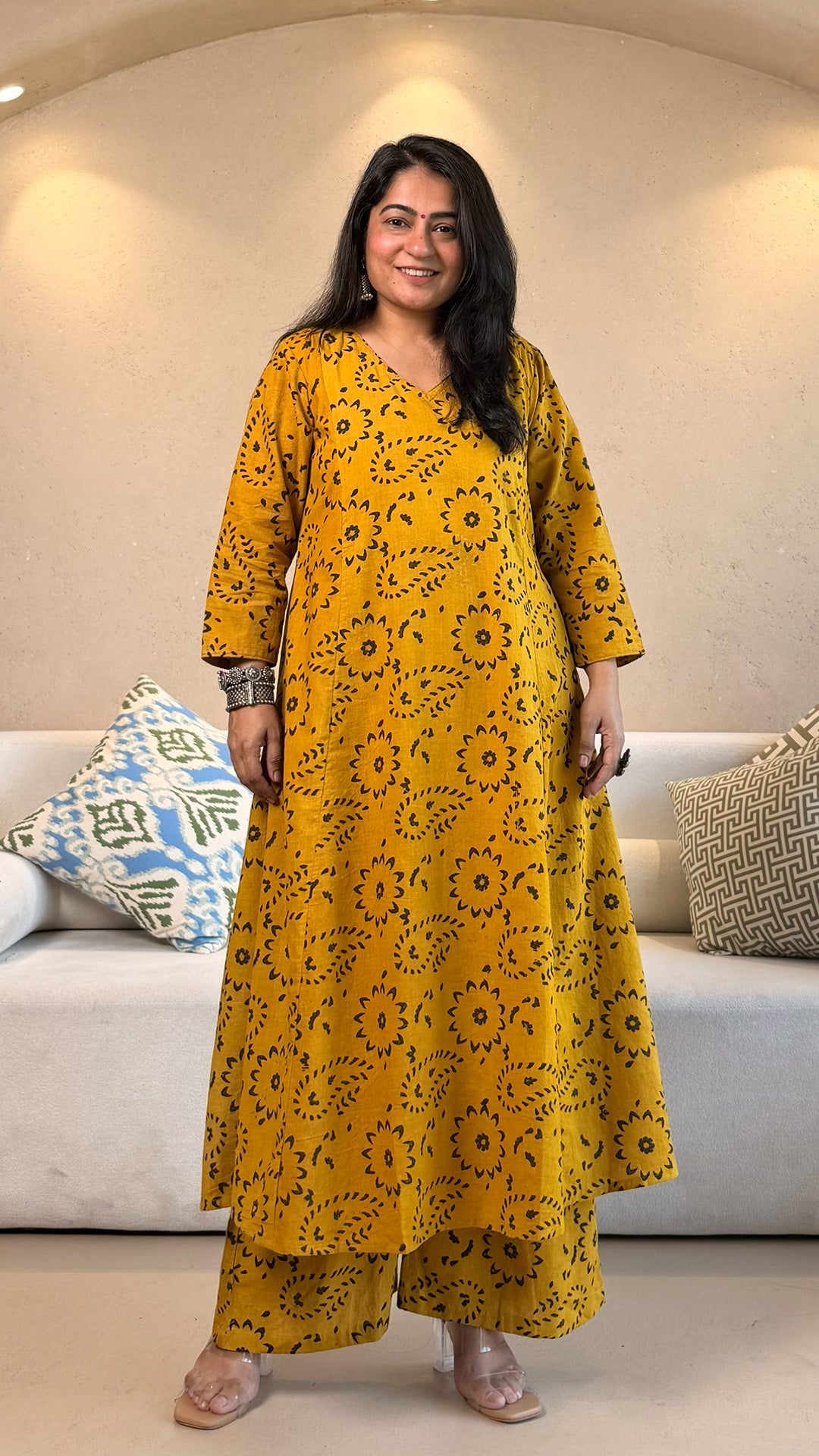 Navya Ajrakh Cotton Hand Block Kurta Set- Yellow/Black