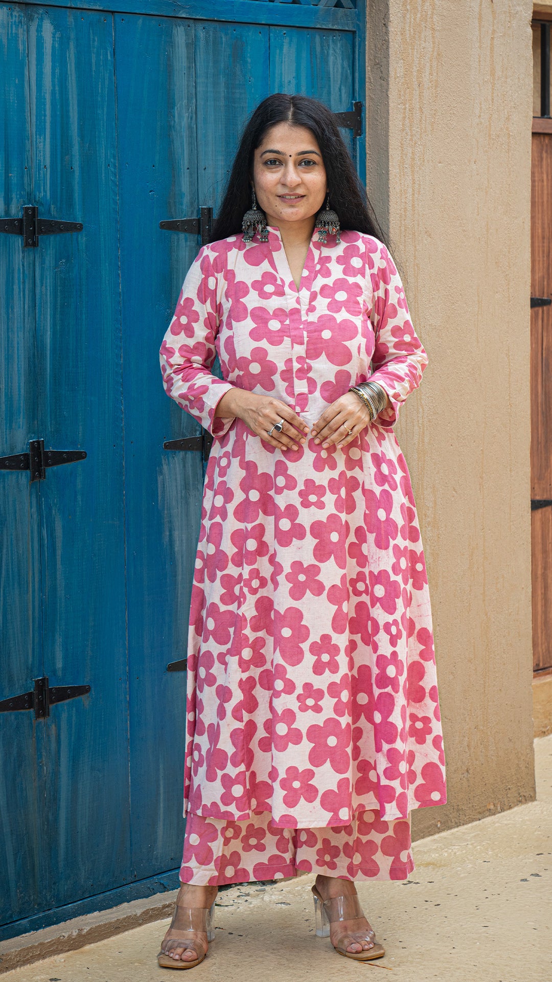 Aashna - Pink Floral Kali Kurta In Cotton