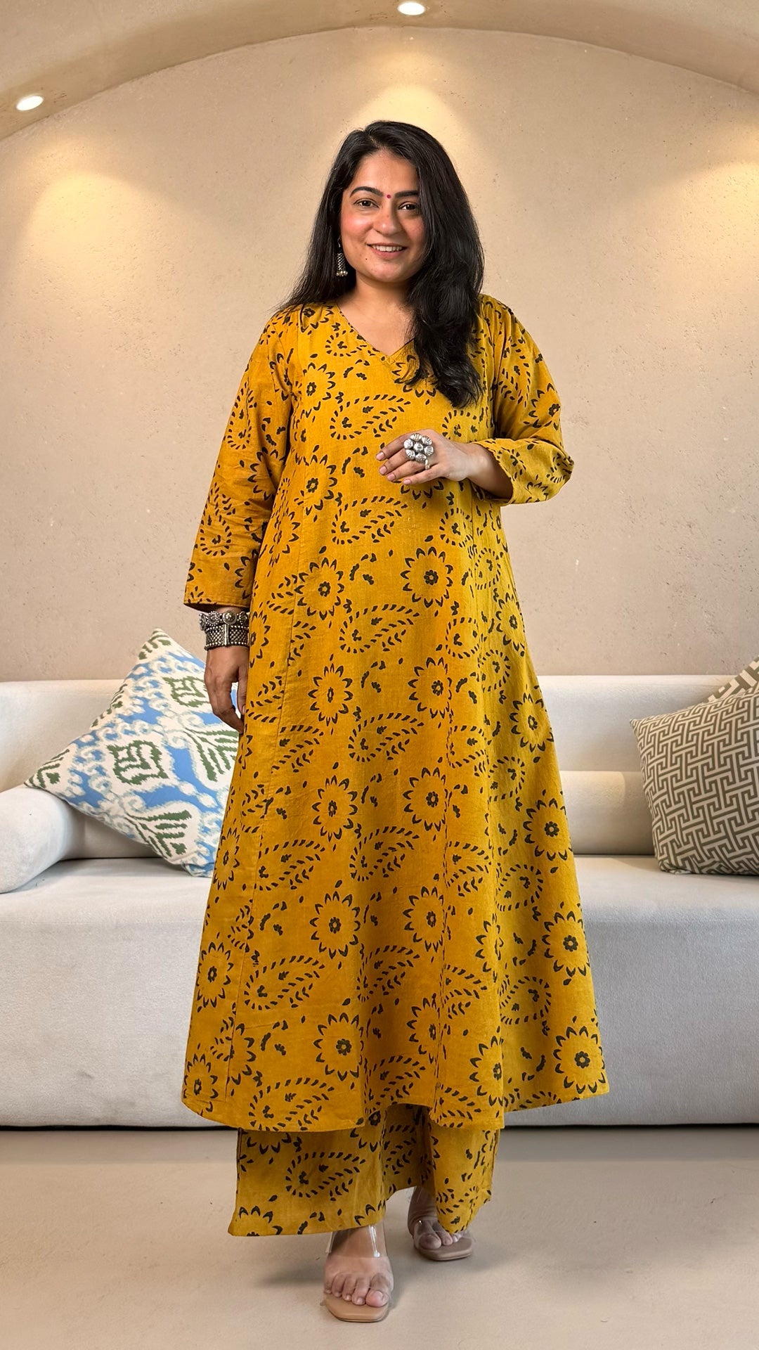 Navya Ajrakh Cotton Hand Block Kurta Set- Yellow/Black