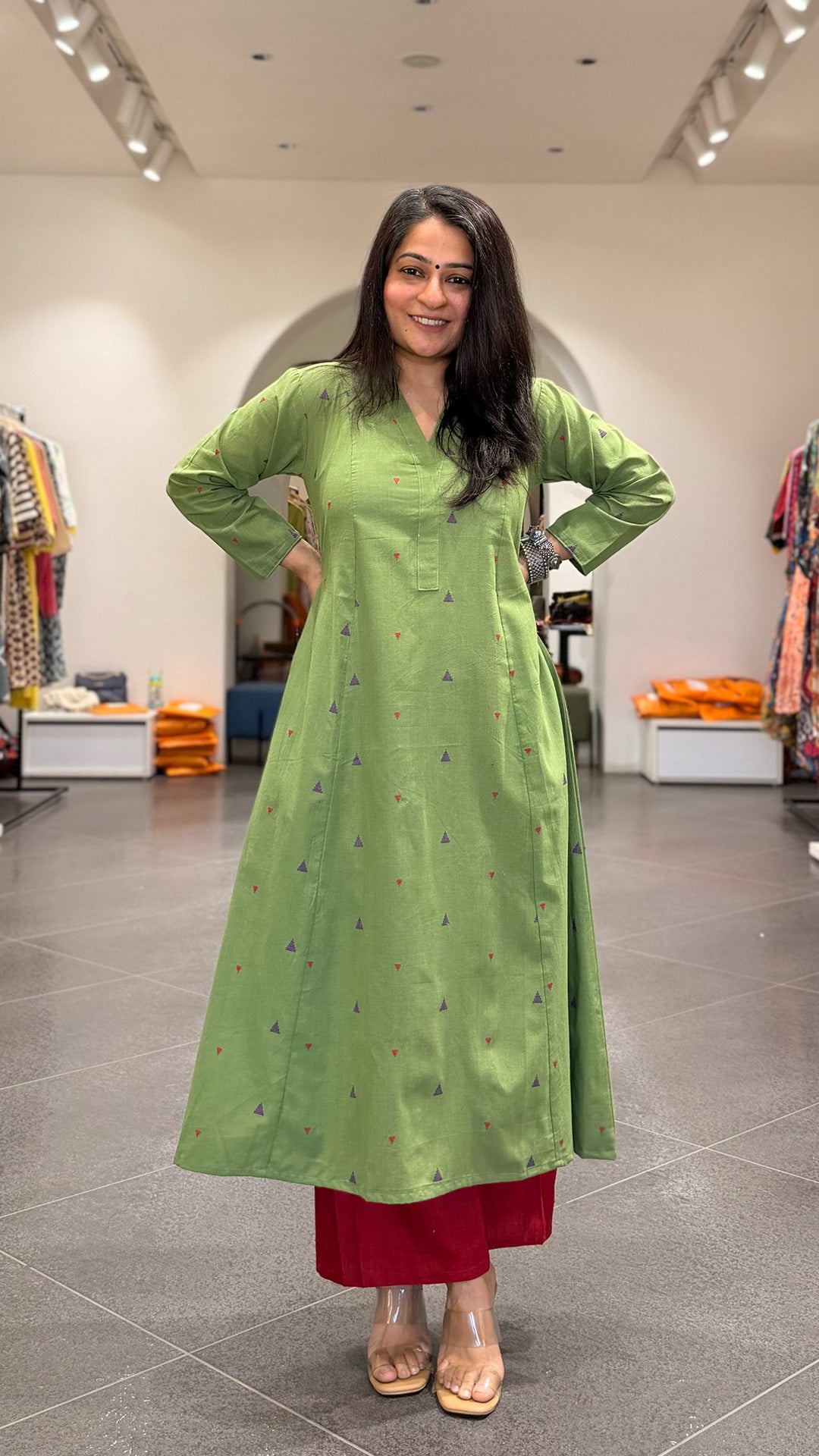 Maryam Hand Woven Kali Kurta In Cotton - Green