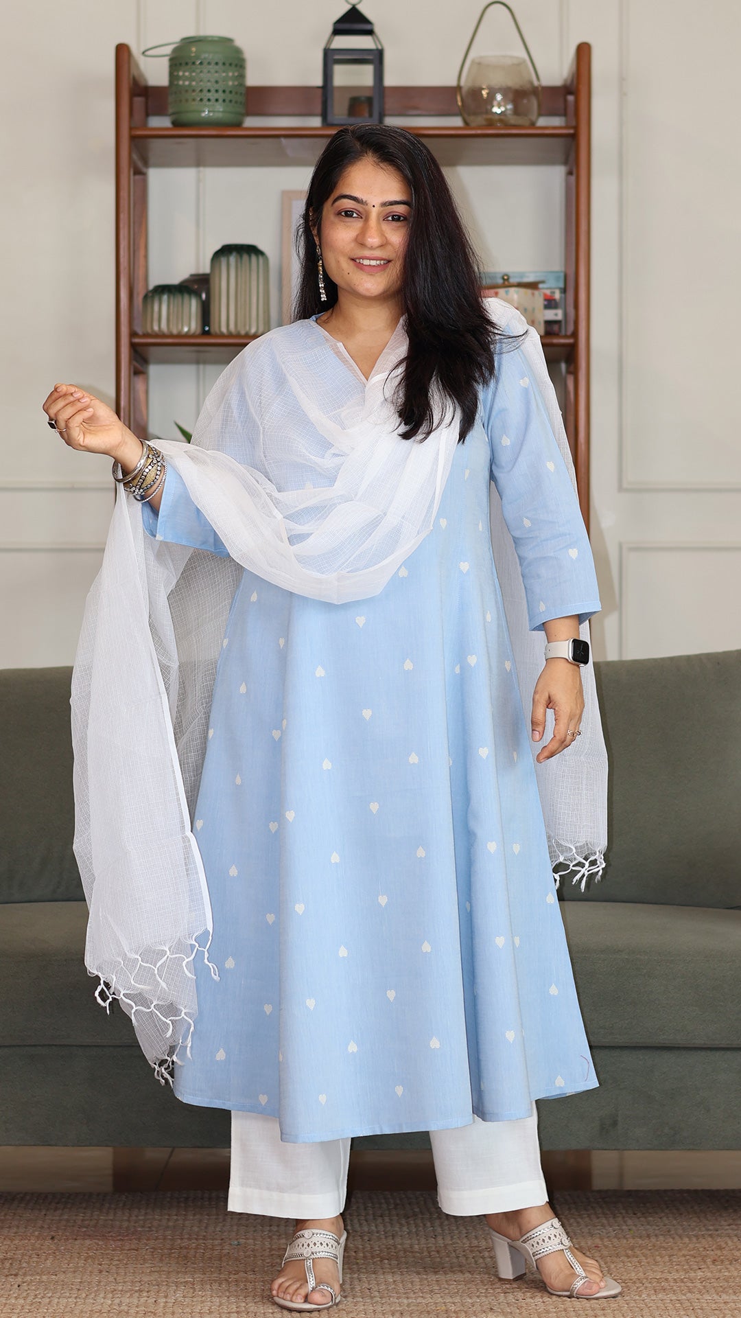 Hearts Motif Handwoven Cotton Kurta - Powder Blue