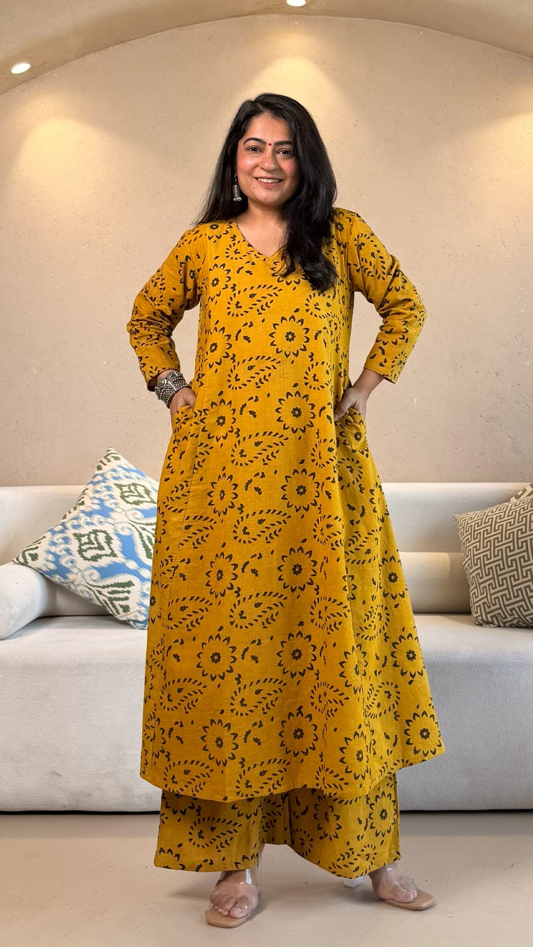 Navya Ajrakh Cotton Hand Block Kurta Set- Yellow/Black