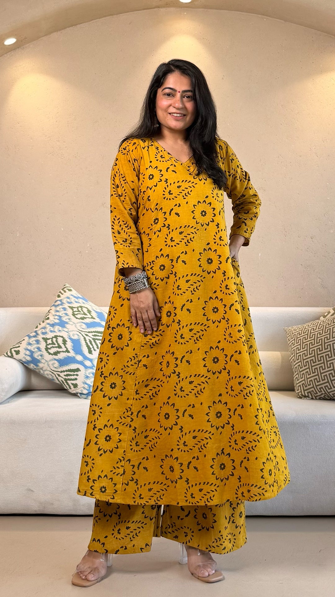 Navya Ajrakh Cotton Hand Block Kurta Set- Yellow/Black