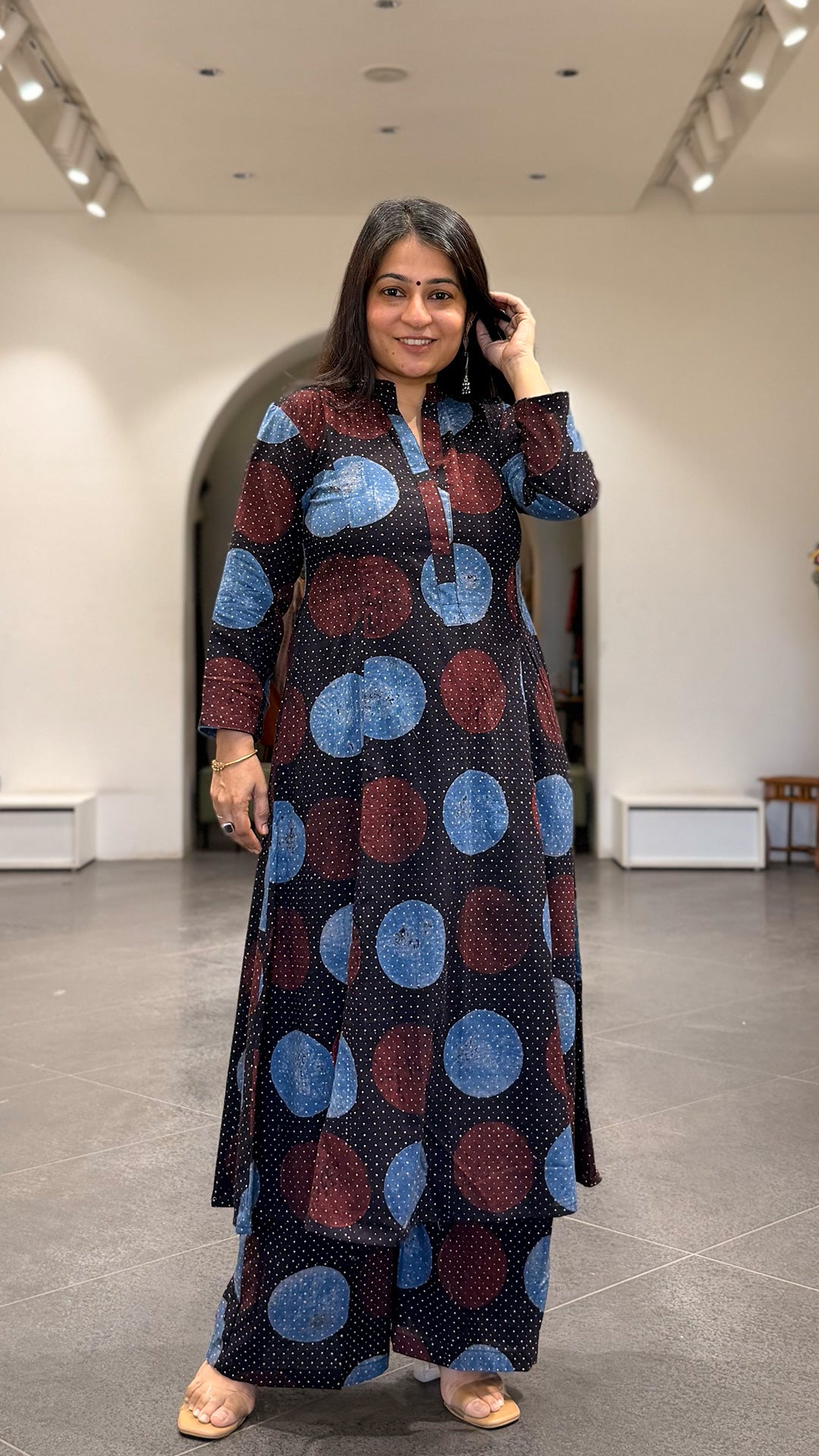 Zohra Ajrakh Cotton Hand Block Kurta Set- Black Polka Dots