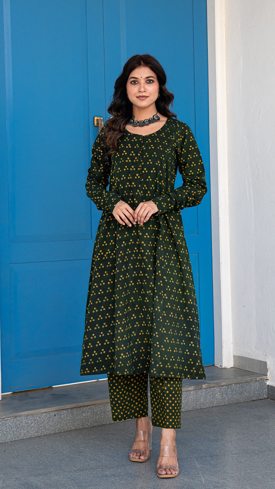 Avanee Dabu Hand Block Kali Kurta In Green