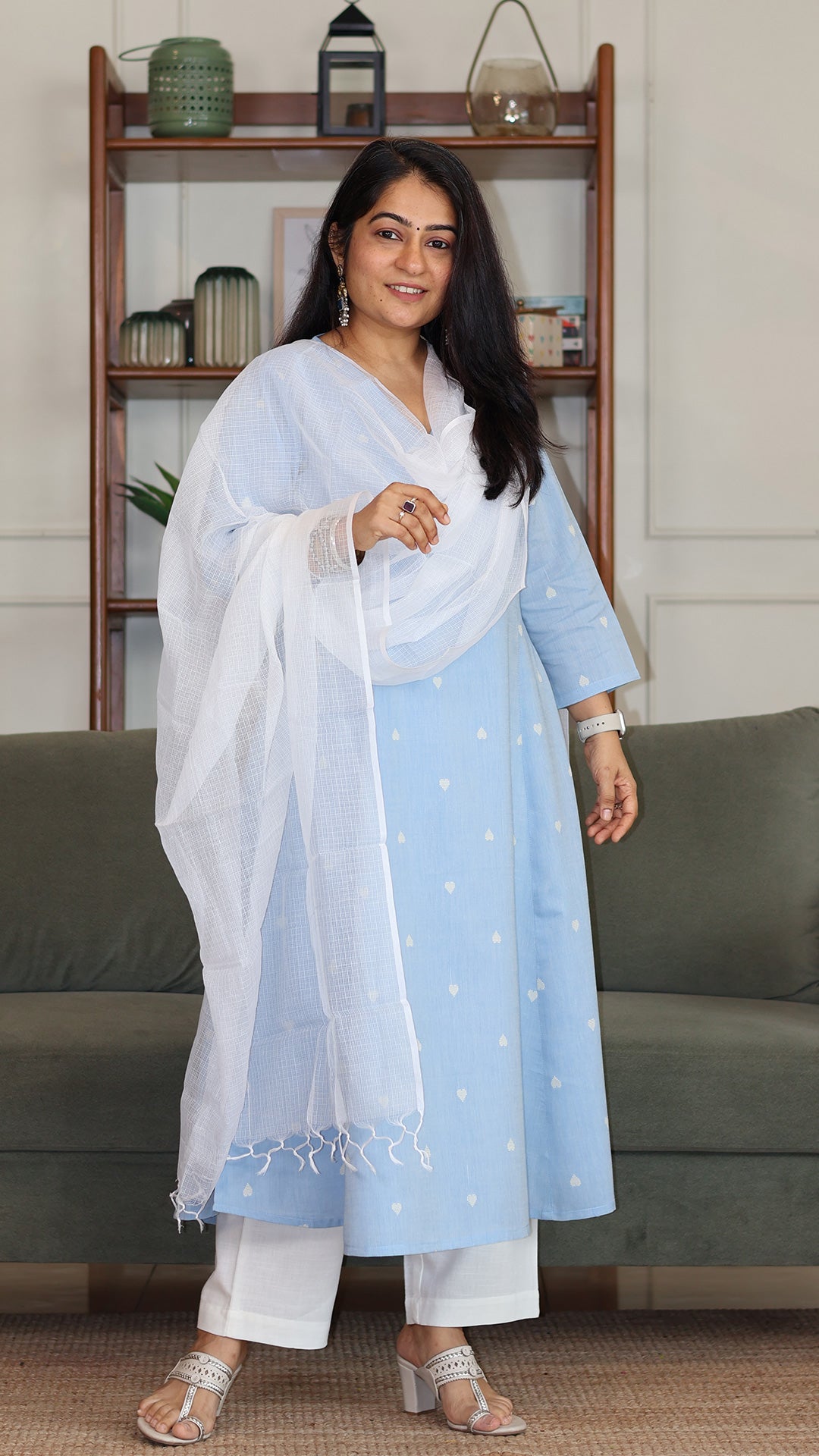 Hearts Motif Handwoven Cotton Kurta - Powder Blue