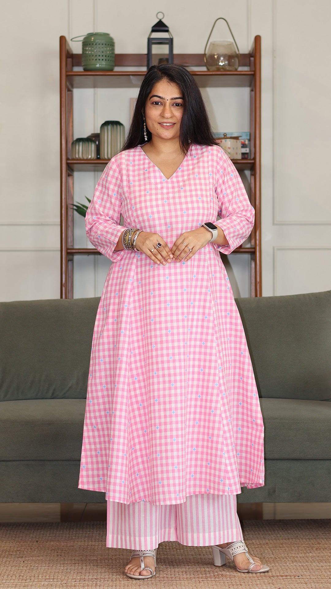 Checks and Stripes Handwoven Cotton Kurta - Light Pink