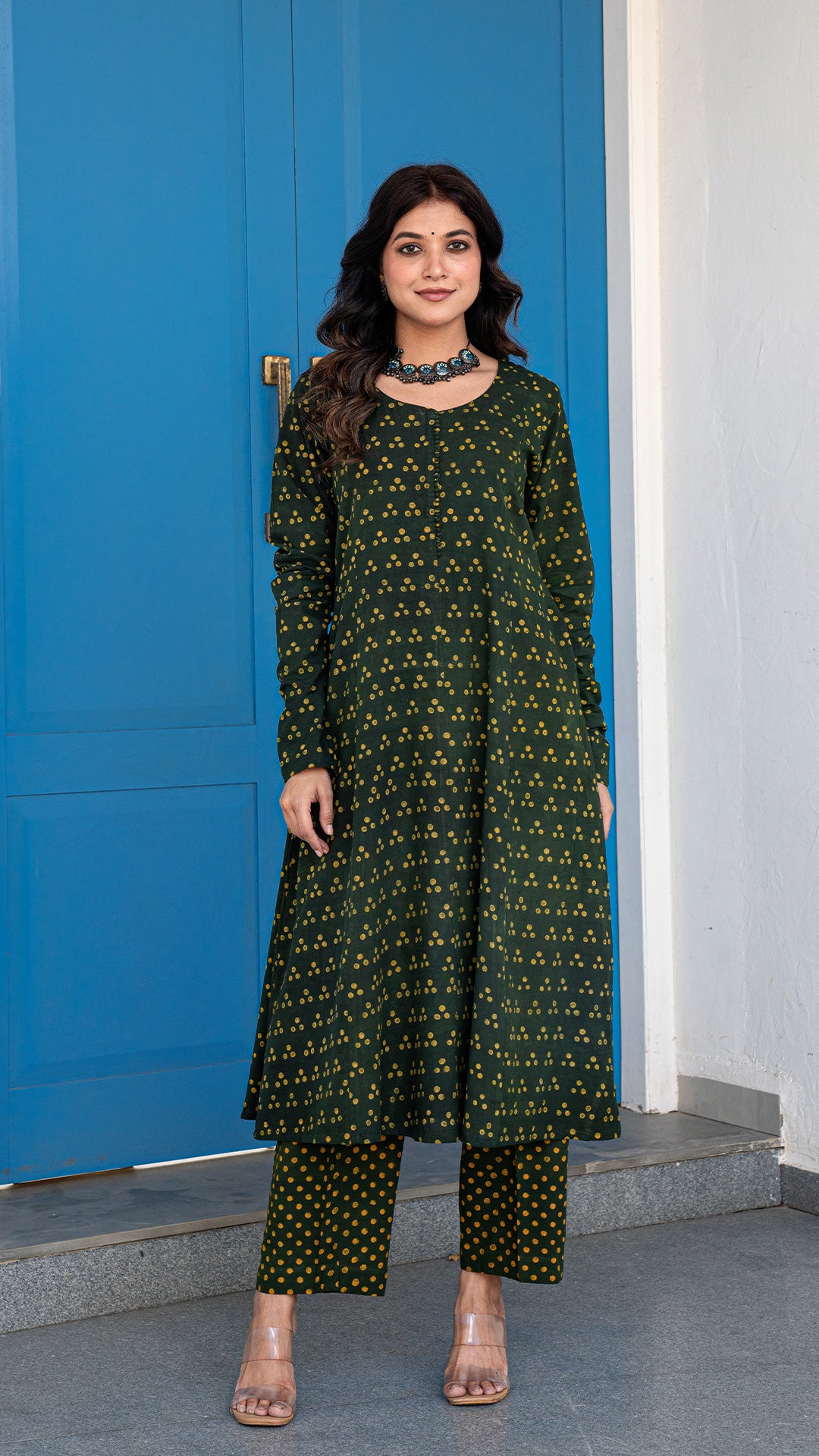 Avanee Dabu Hand Block Kali Kurta In Green