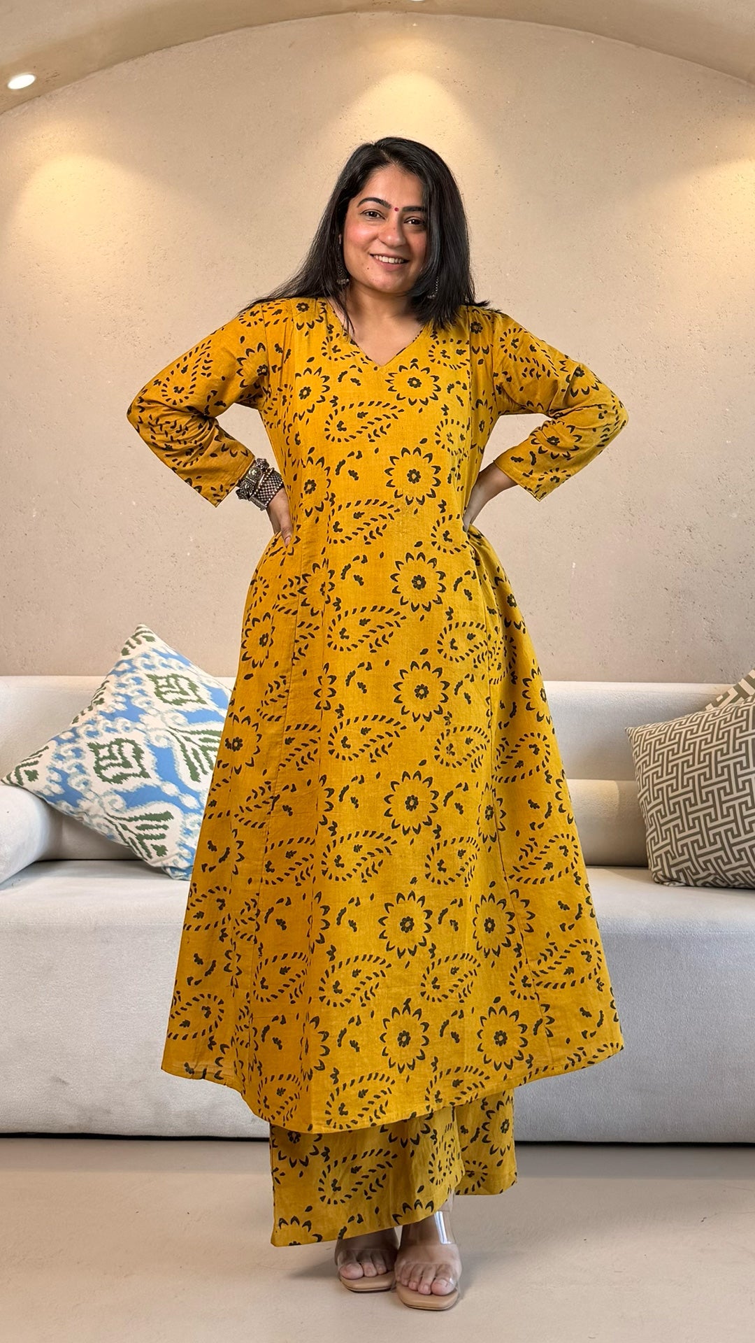 Navya Ajrakh Cotton Hand Block Kurta Set- Yellow/Black