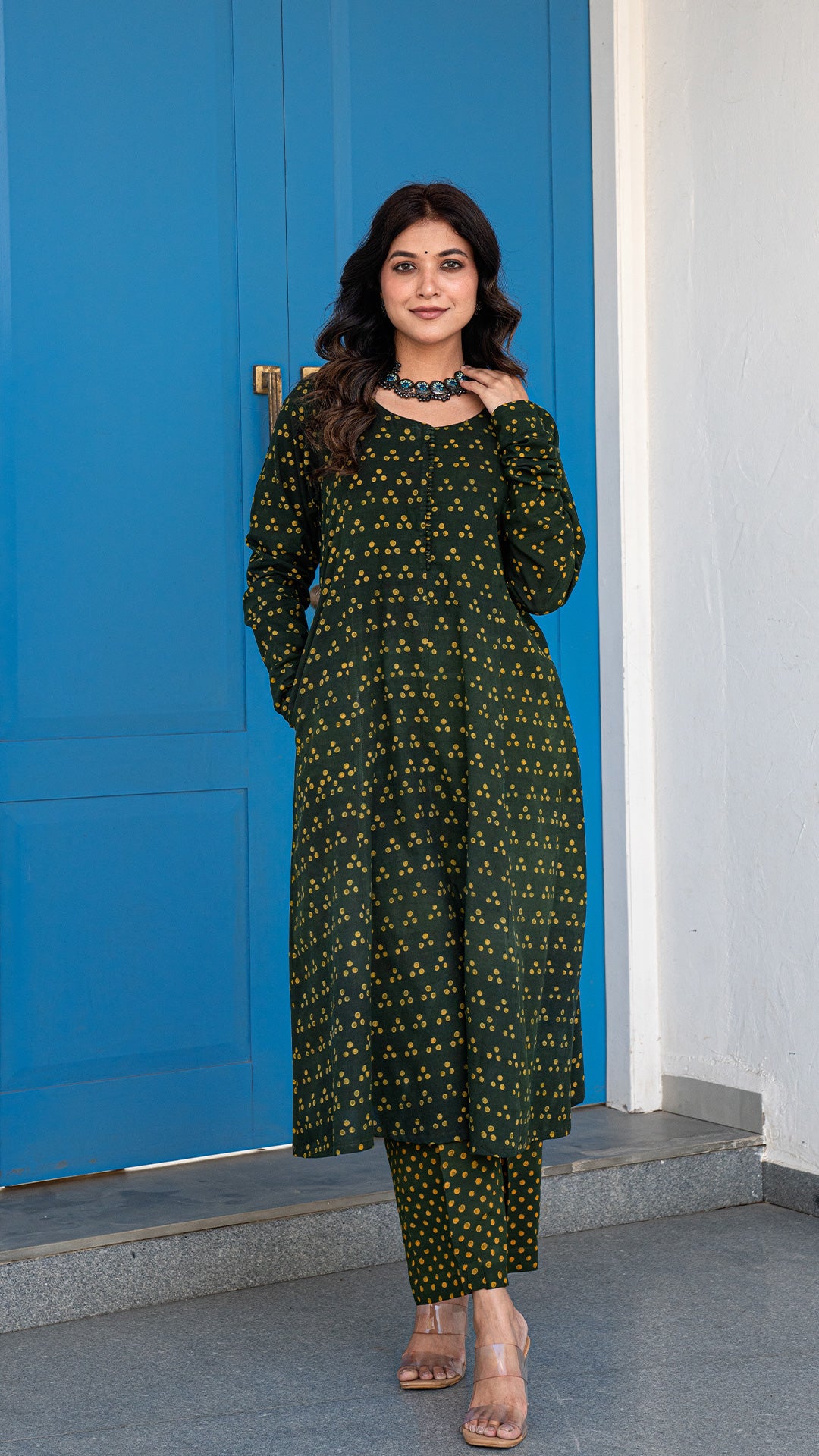 Avanee Dabu Hand Block Kali Kurta In Green