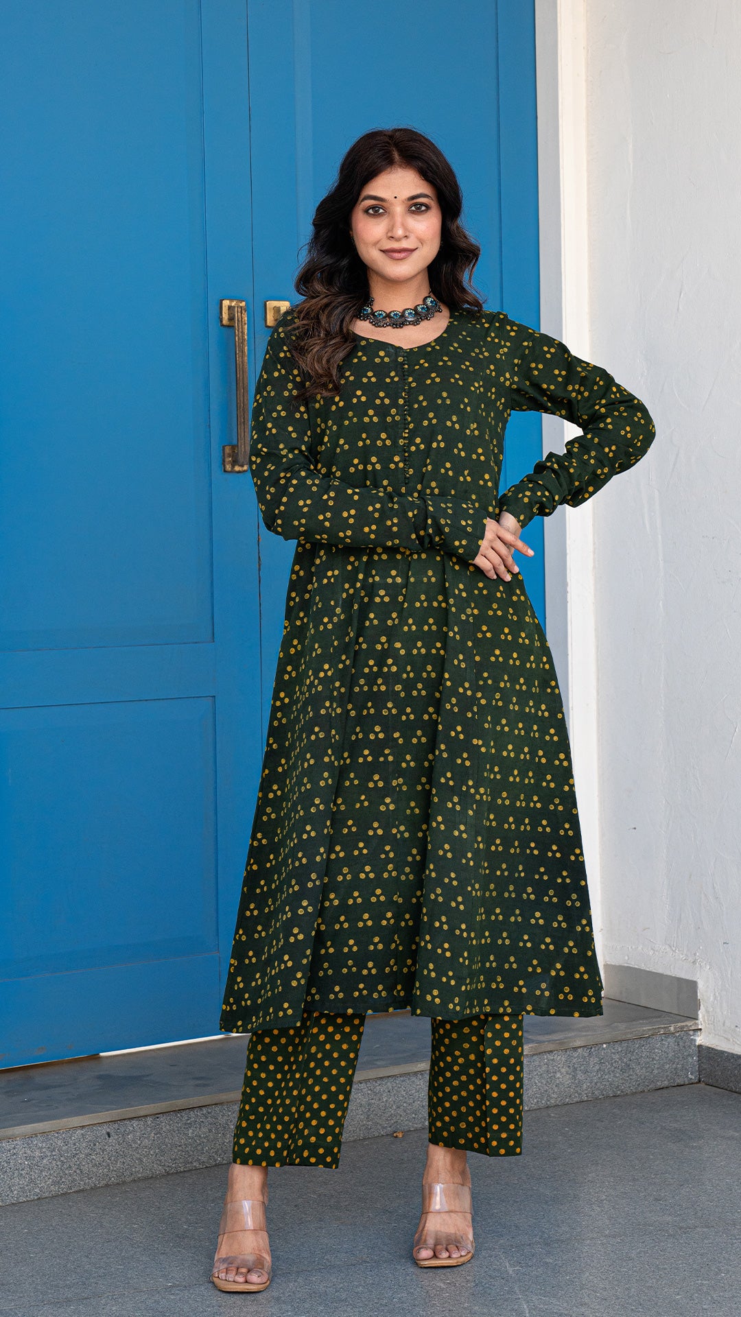 Avanee Dabu Hand Block Kali Kurta In Green