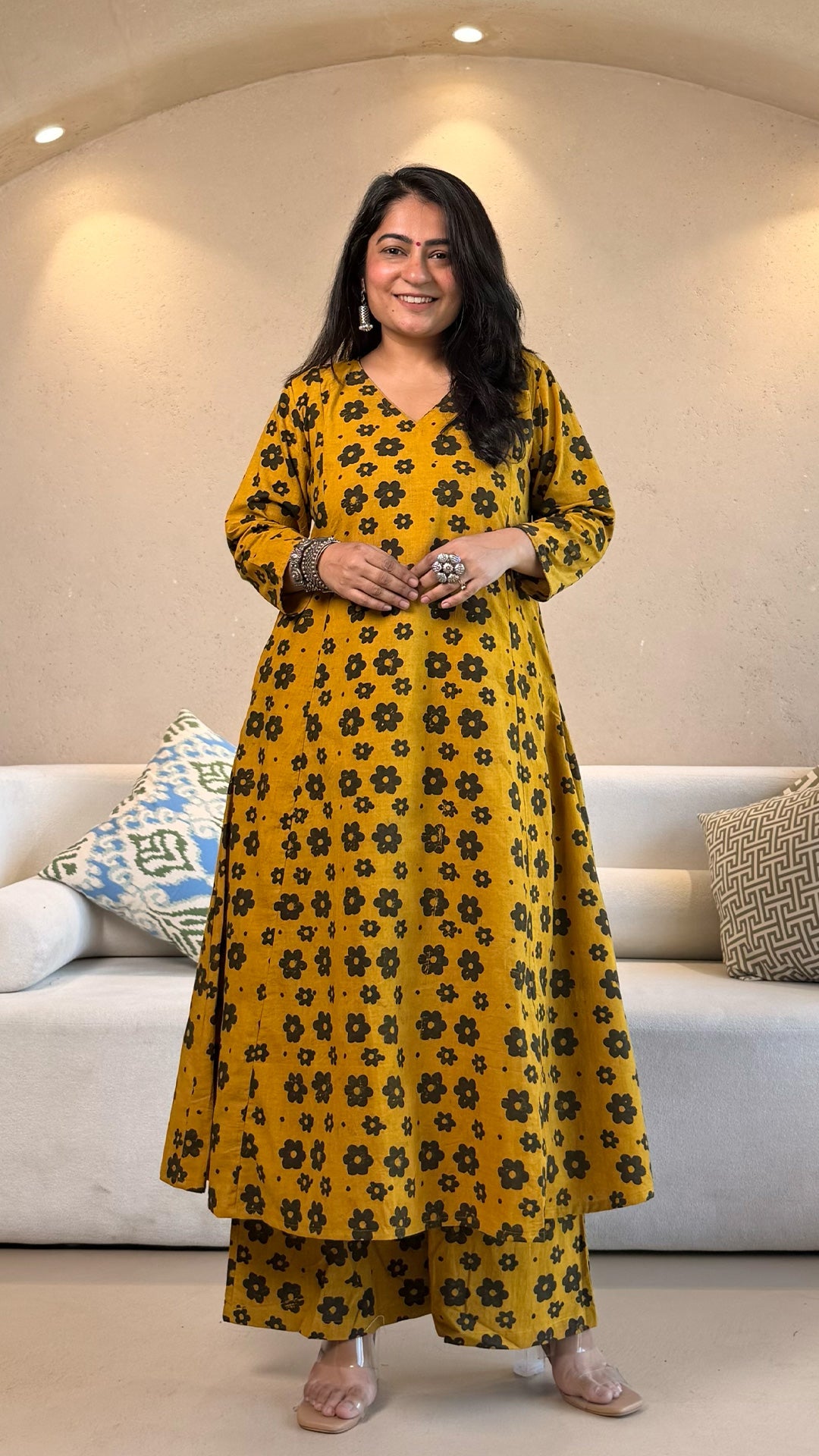 Tia Ajrakh Cotton Hand Block Kurta Set- Yellow/Black