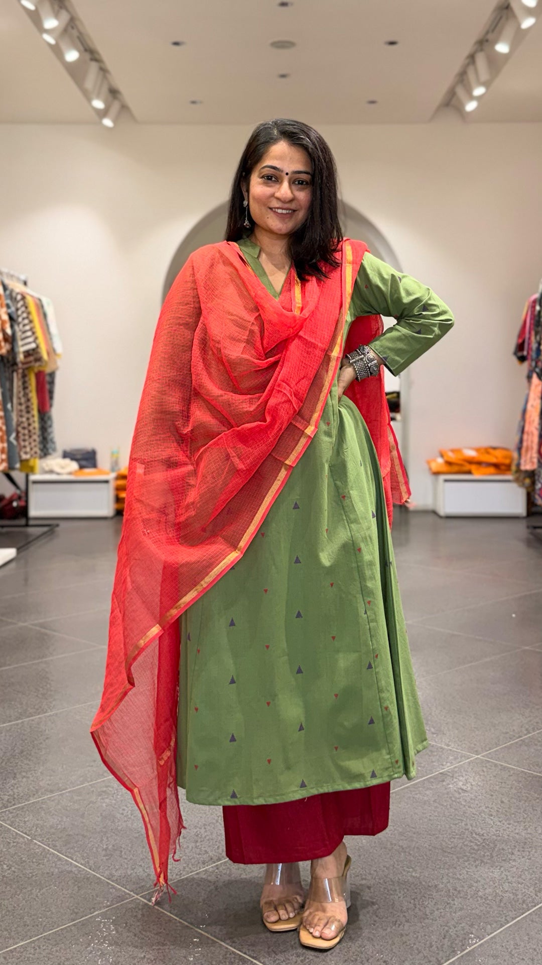 Maryam Hand Woven Kali Kurta In Cotton - Green