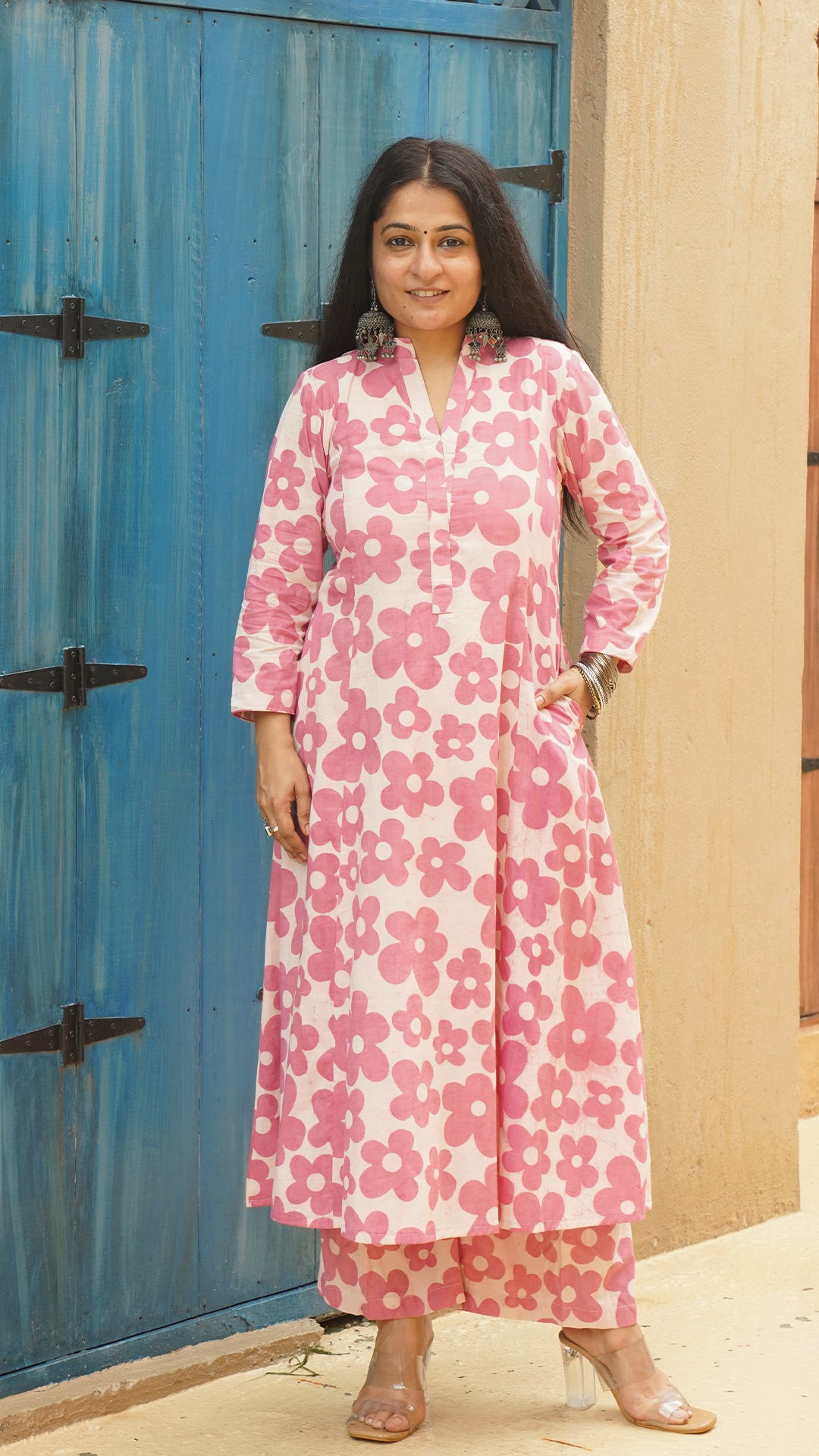 Aashna - Pink Floral Kali Kurta In Cotton