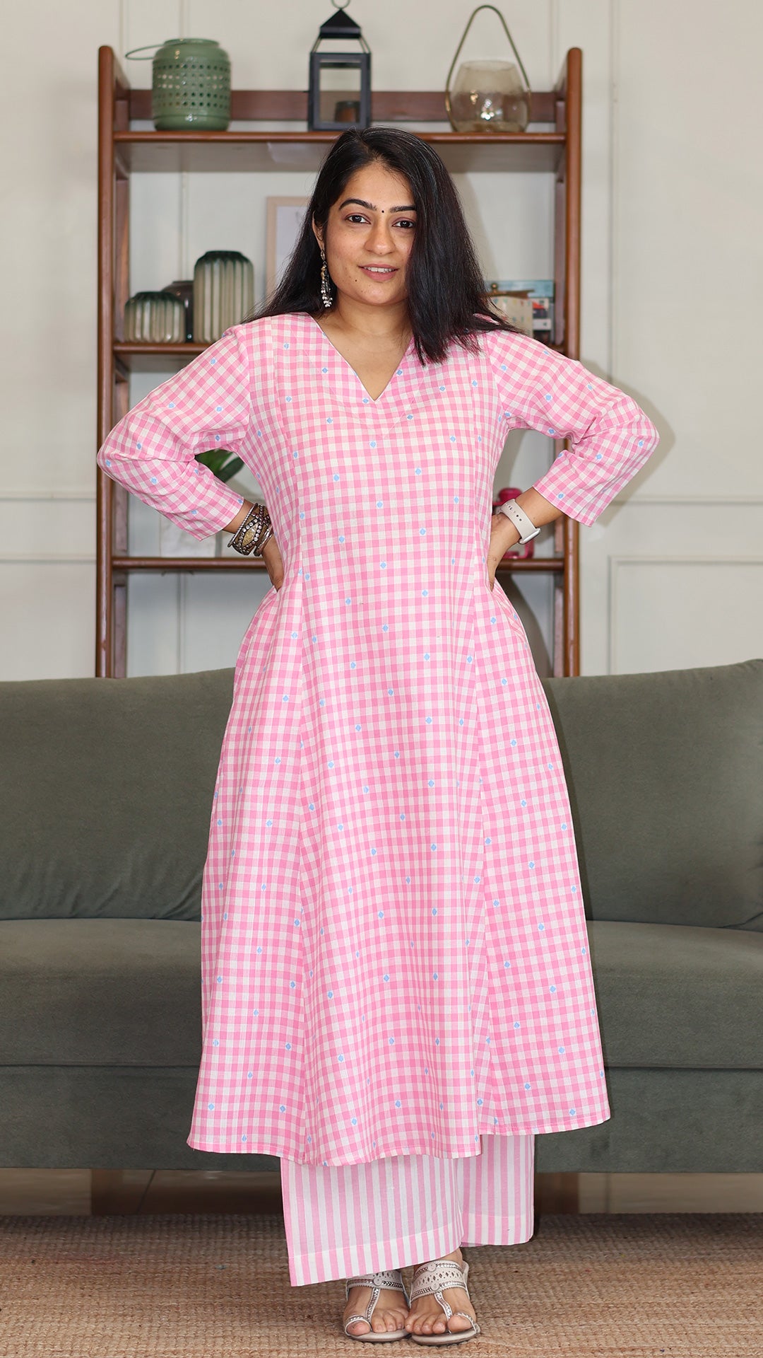 Checks and Stripes Handwoven Cotton Kurta - Light Pink
