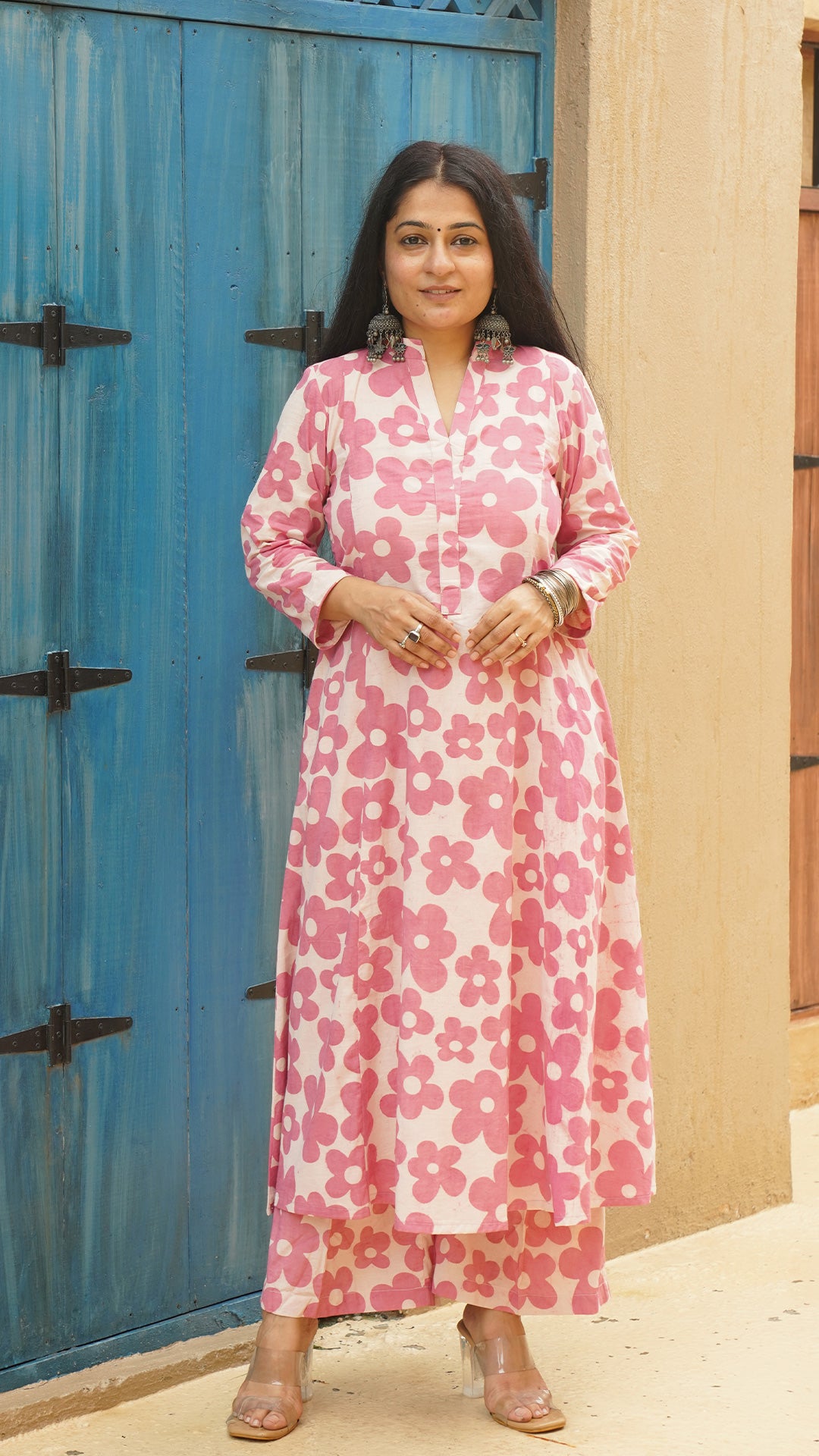 Aashna - Pink Floral Kali Kurta In Cotton