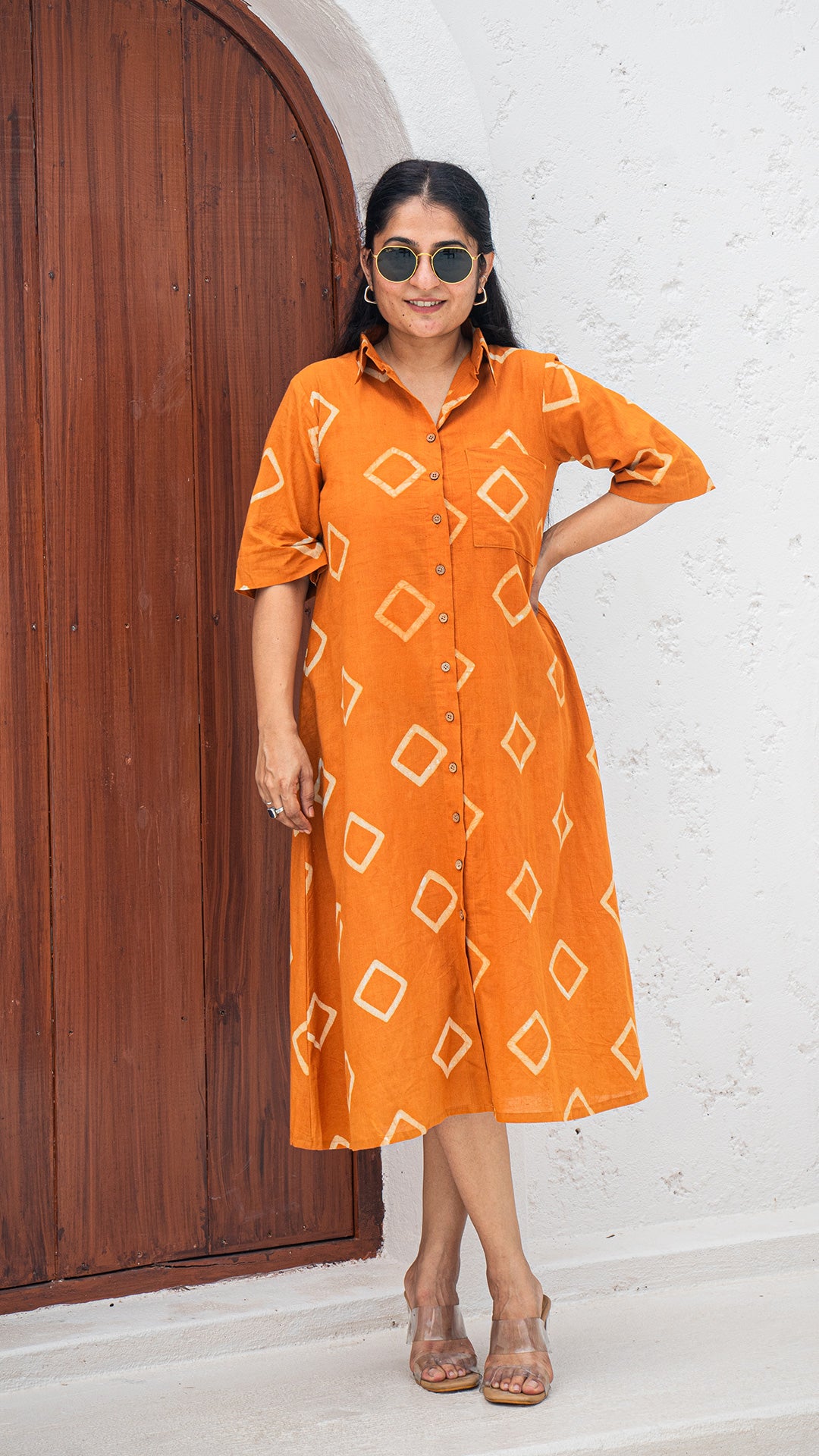 Kritika Dabu Hand Block Cotton Shirt Dress - Rust