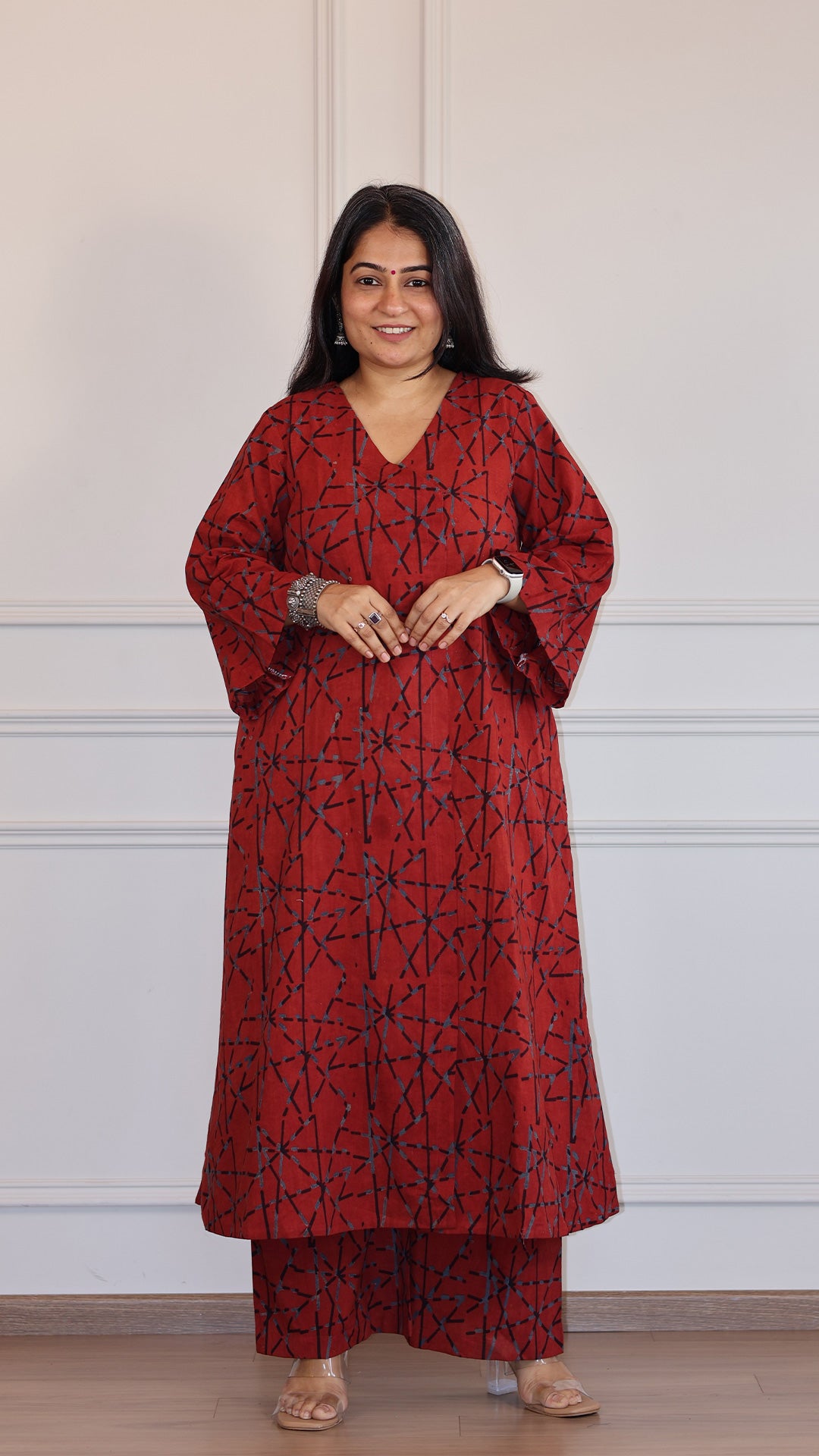 Trusha Ajrakh Geometric Print Cotton Hand Block Kurta - Red
