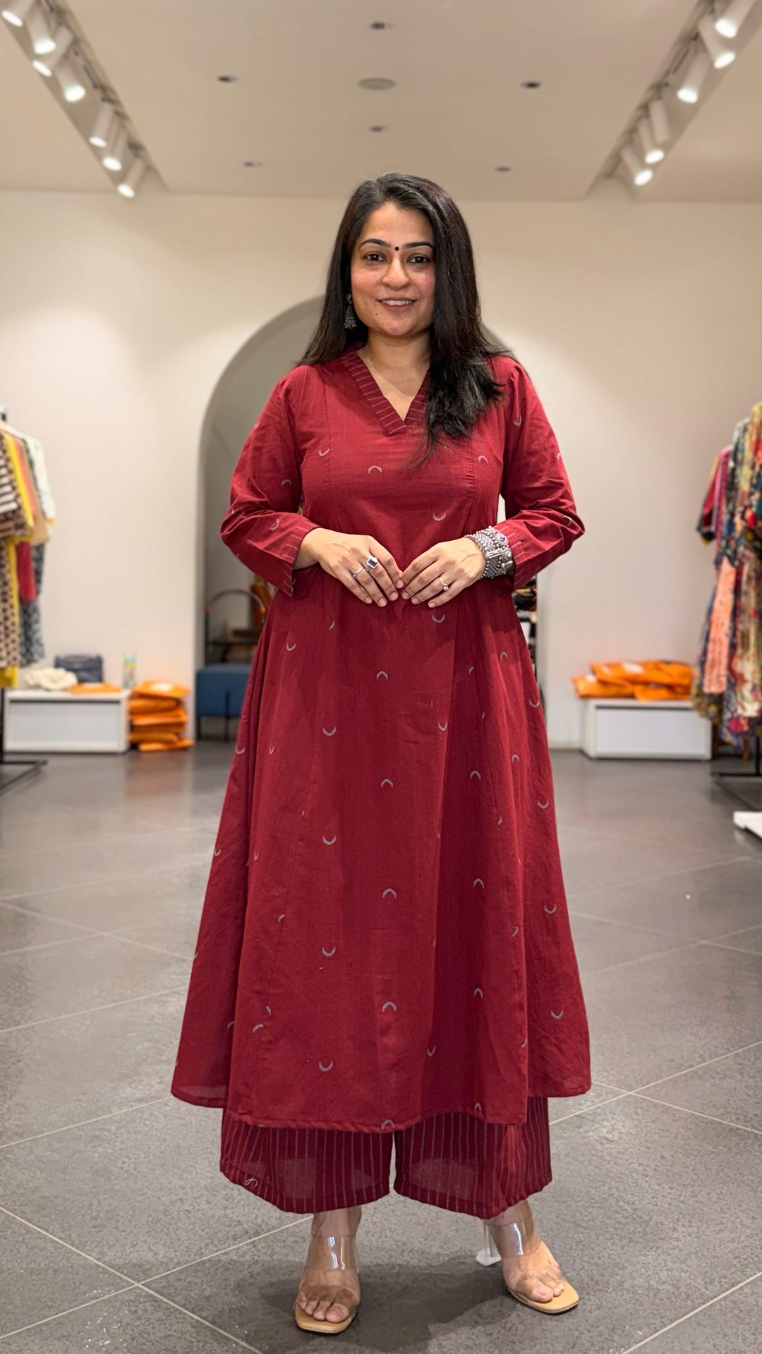 Maroon Chand Hand Woven Kali Kurta In Cotton