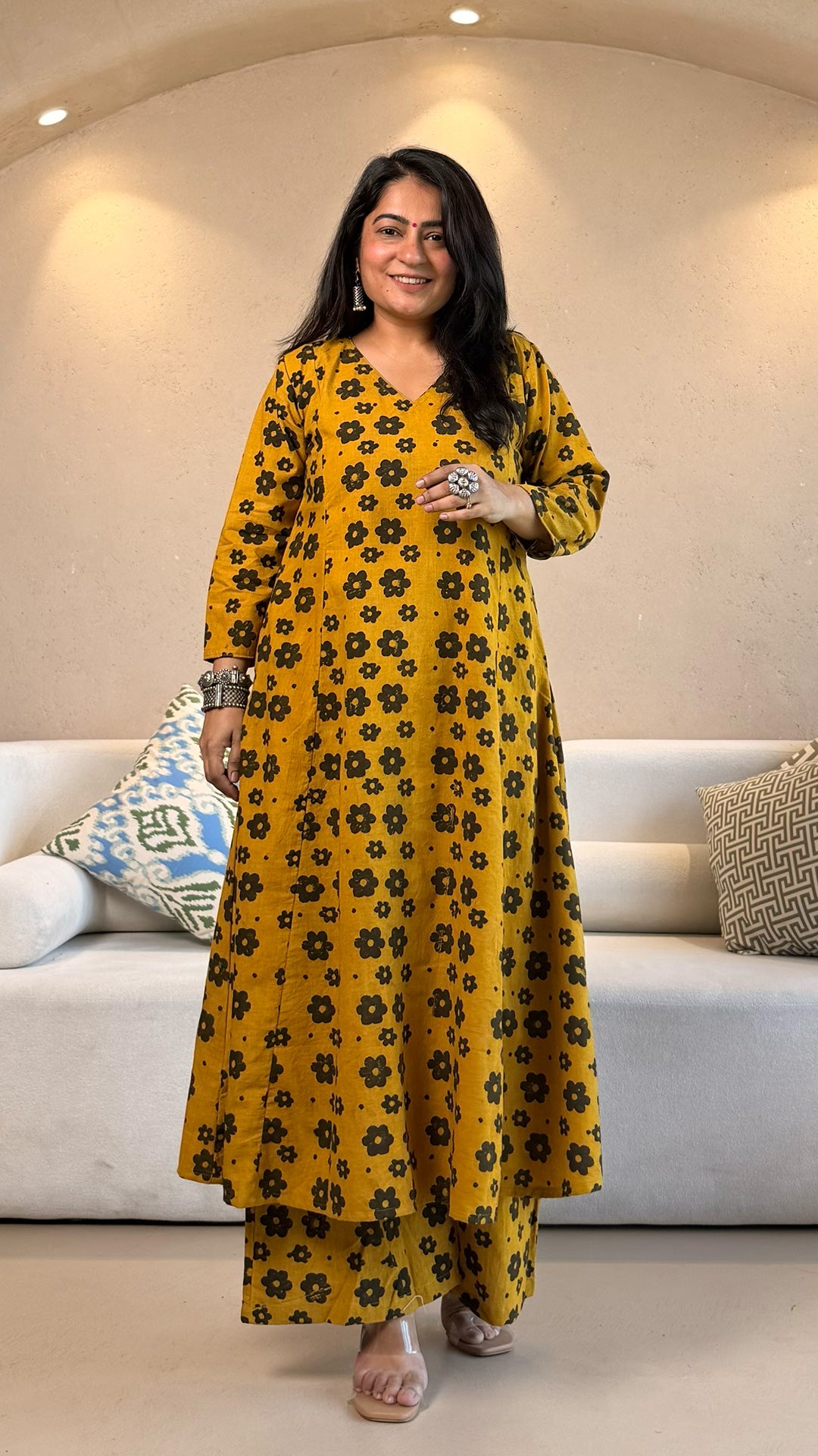 Tia Ajrakh Cotton Hand Block Kurta Set- Yellow/Black