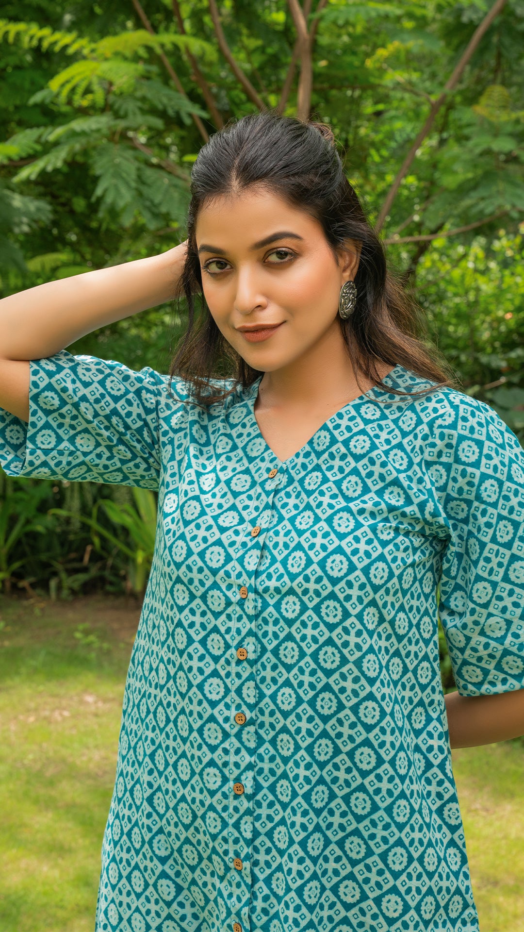 Aasma Dabu Hand Block Cotton Kurta - Turquoise