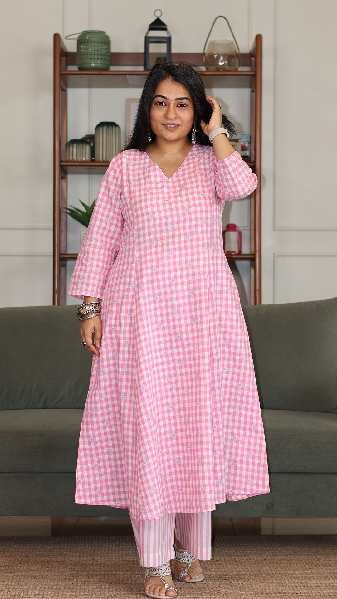 Checks and Stripes Handwoven Cotton Kurta - Light Pink