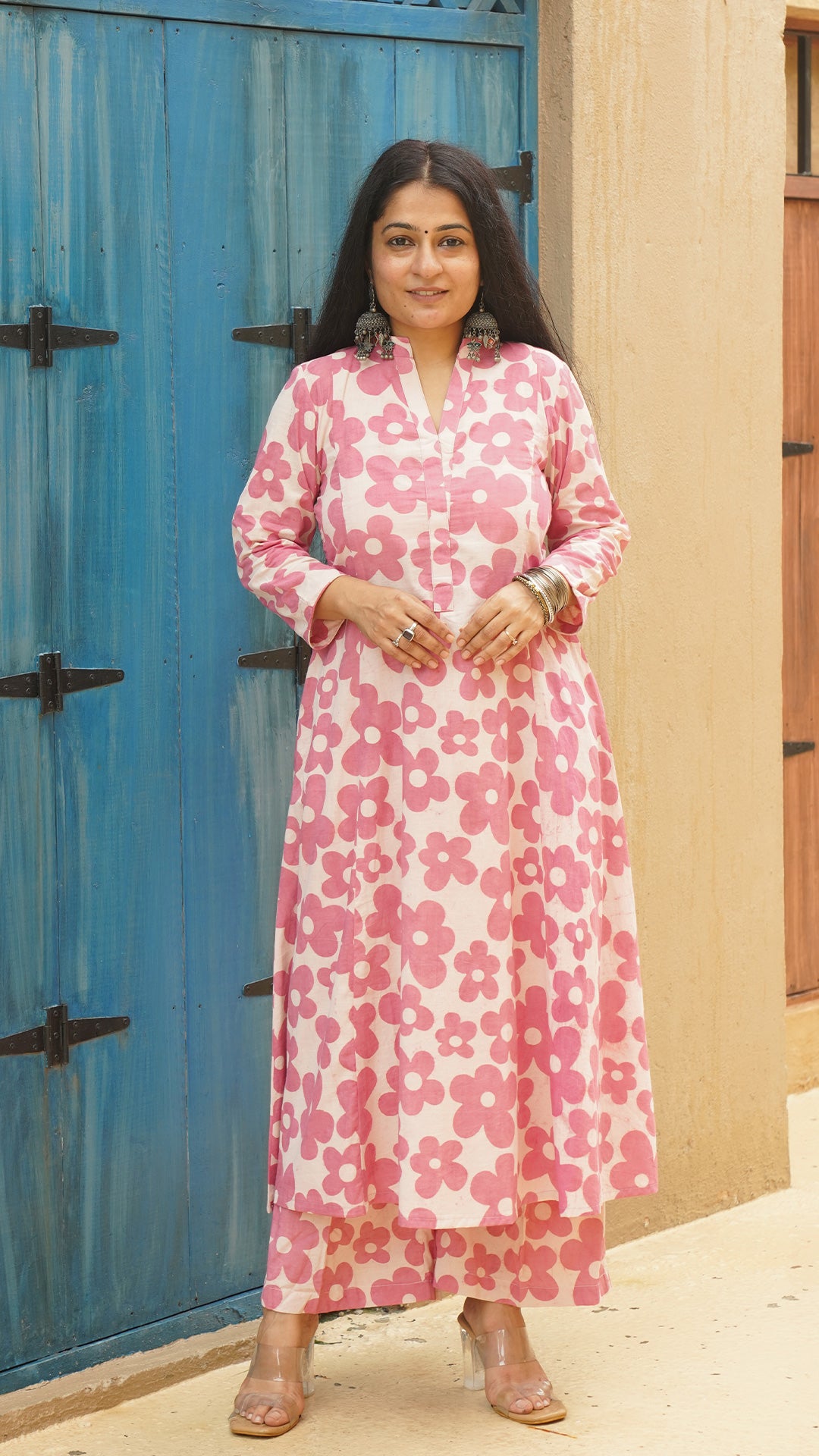 Aashna - Pink Floral Kali Kurta In Cotton