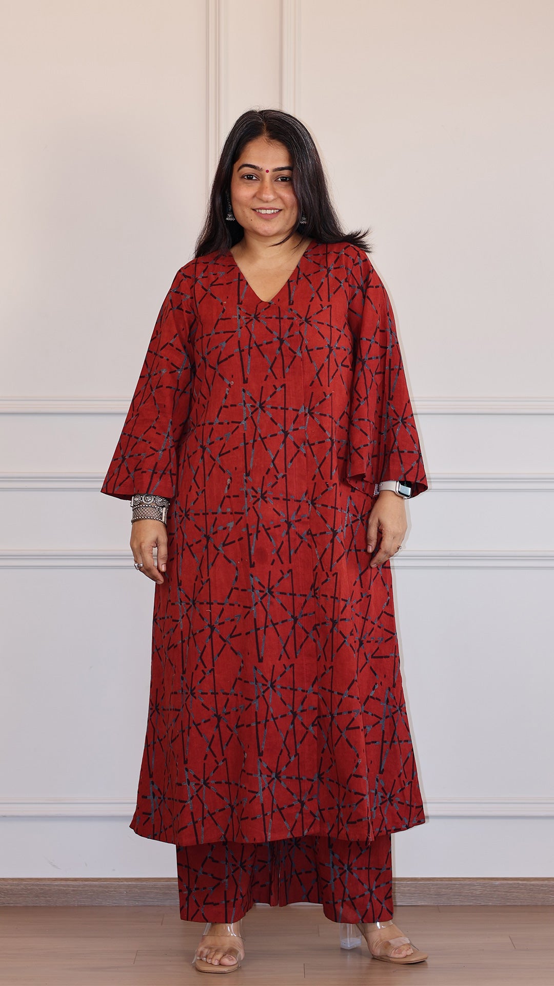 Trusha Ajrakh Geometric Print Cotton Hand Block Kurta - Red