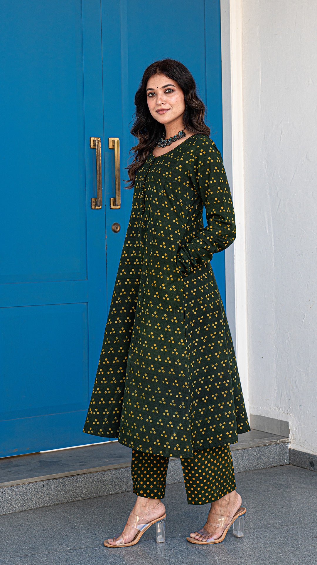 Avanee Dabu Hand Block Kali Kurta In Green