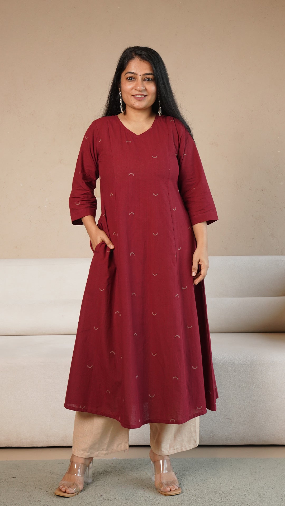 Ziva Chand Motif Hand Woven Kali Cotton Kurta - Maroon