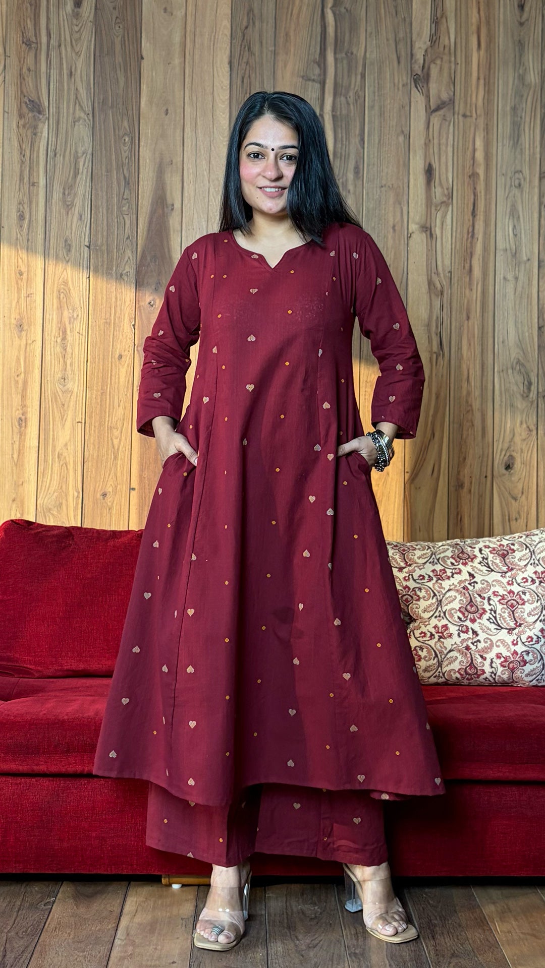 Queen Of Hearts Hand Woven Kali Kurta In Cotton - Maroon