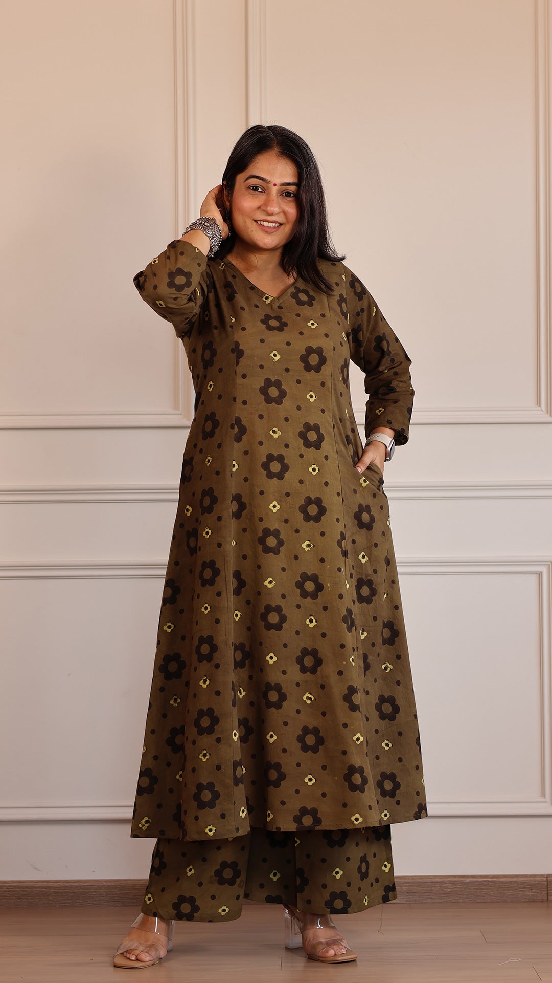 Vedashree Ajrakh Cotton Hand Block Kurta Set- Brown Floral