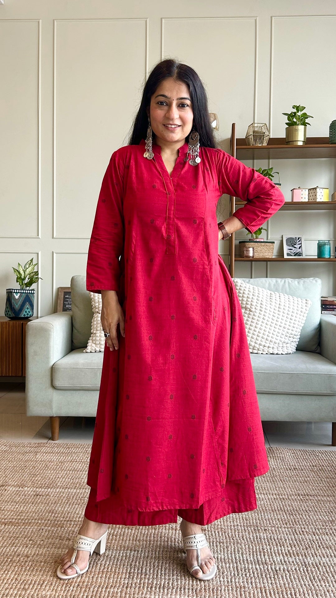Simran Red Hand Woven Kali Cotton Kurta